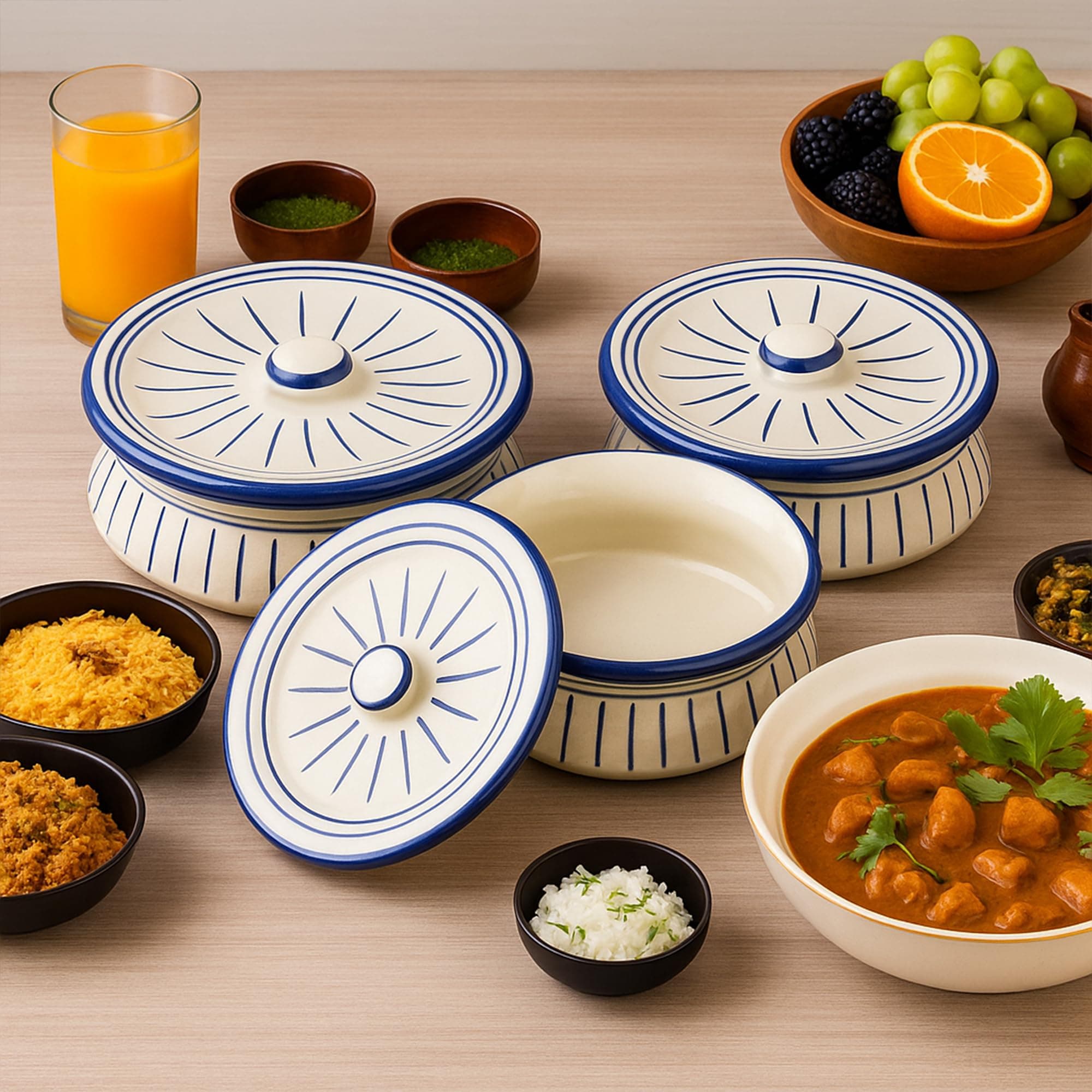 Ceramic Handi Set with lid, Blue White Hand Painted Casserole Set | Biryani/Rice pot for Serving Dal, Curry | Curd - Dahi Handi, Set of 3 | 1250 ML, 900 ML, 600 ML (Microwave safe)