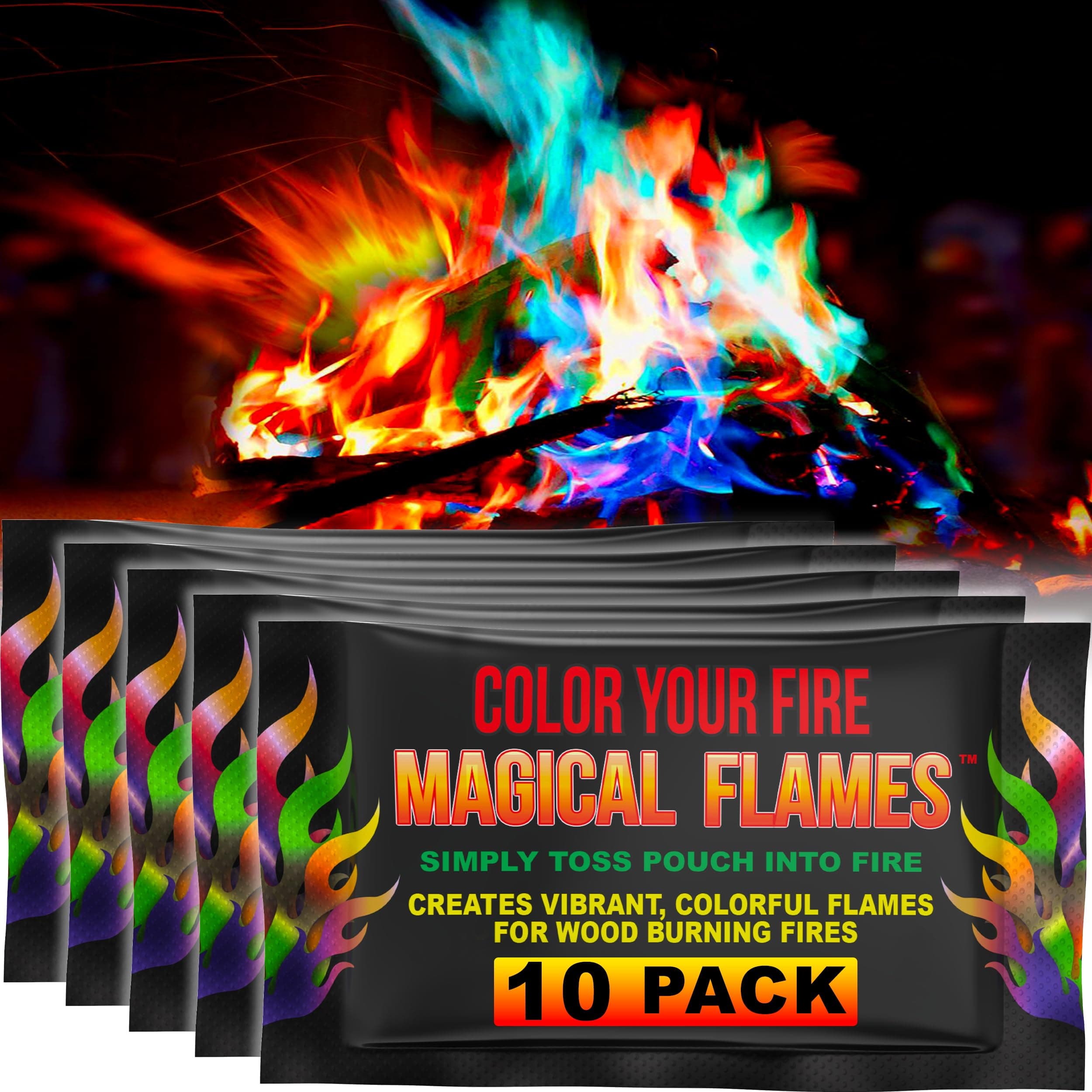 Magical Flames Fire Color Packets (10 Pack), Vibrant Multi-Color Fire for Fire Pits, Campfires, Bonfires & Fireplaces - Camping Essentials & Outdoor Party Accessories