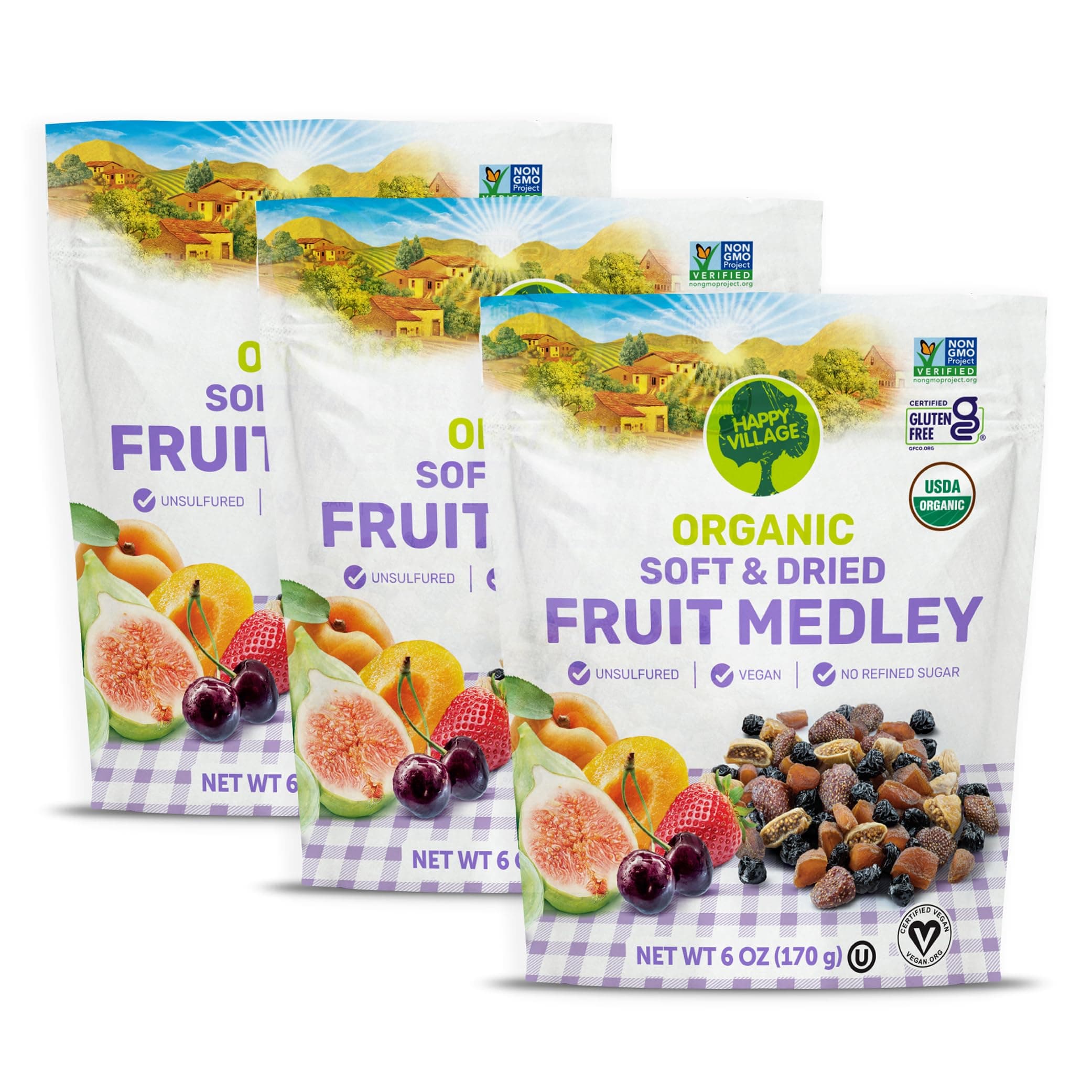 Happy Village Organic Dried Fruit Mix - Apricots, Figs, Strawberries & Tart Cherries, 18 OZ (3 Packs of 6 OZ) - Kosher, Non-GMO, No Refined Sugar, Vegan, Unsulfured Dried Fruit Medley