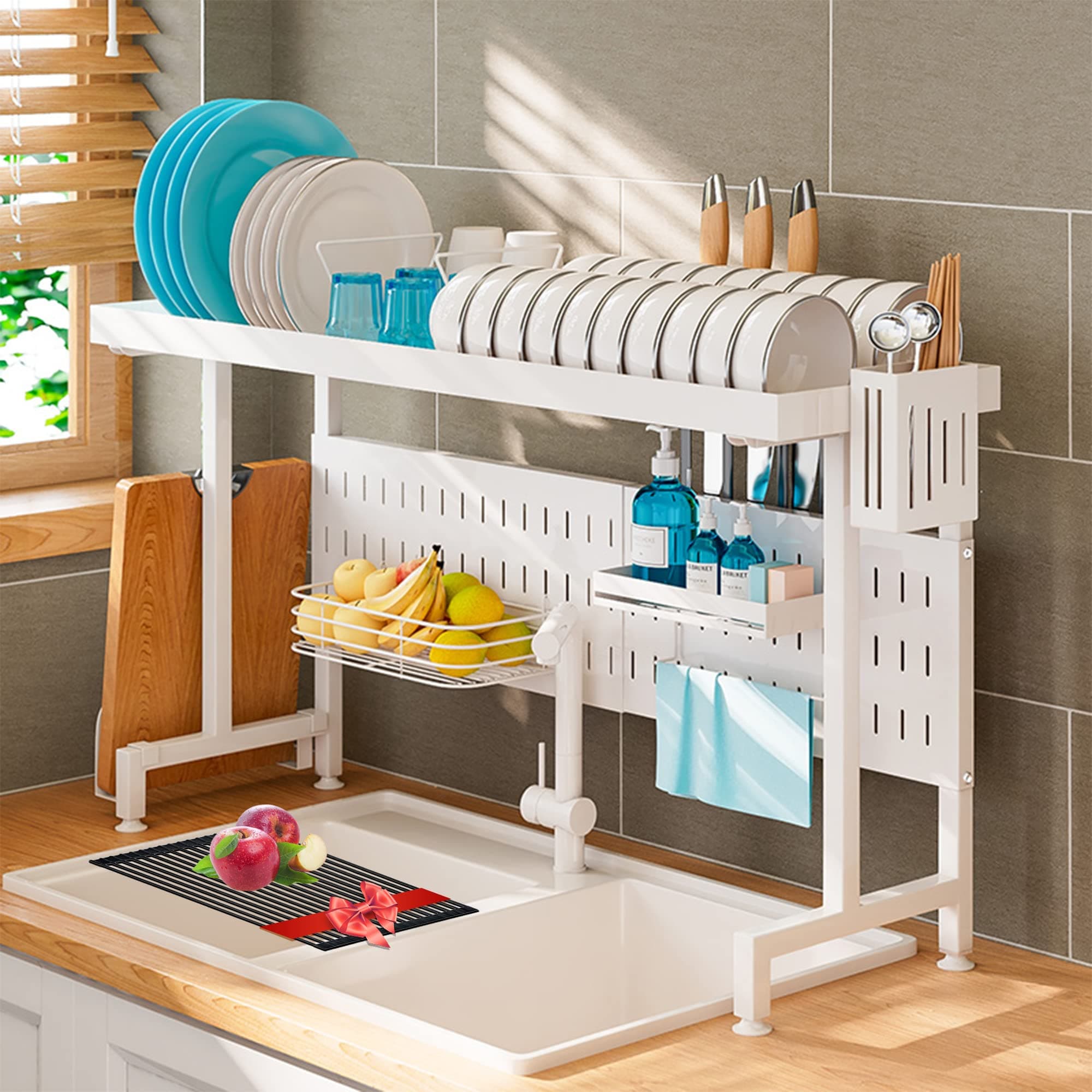 Over The Sink Dish Drying Rack, Nushelly 2 Tier Stainless Steel Large Adjustable Kitchen Dish Drainer (20.9≤ Sink Size ≤ 34), Space Saver Storage Organizer Shelf Above Counter