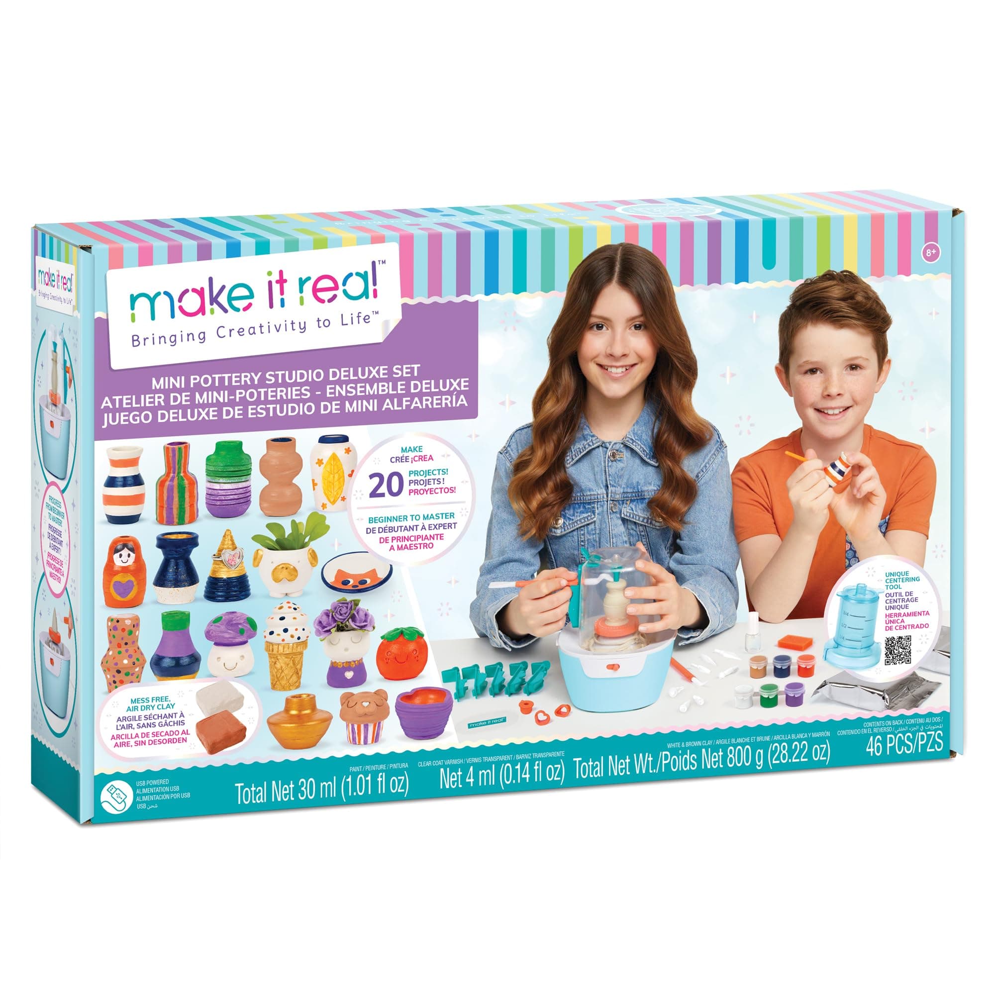 Make It Real Mini Pottery Studio Deluxe Set - DIY All-in-One Carving Craft Kit for Kids & Tweens - Create 20 Unique Miniature Clay Projects - No Mess, No Bake, Quiet Wheels - All Skill Levels Ages 8