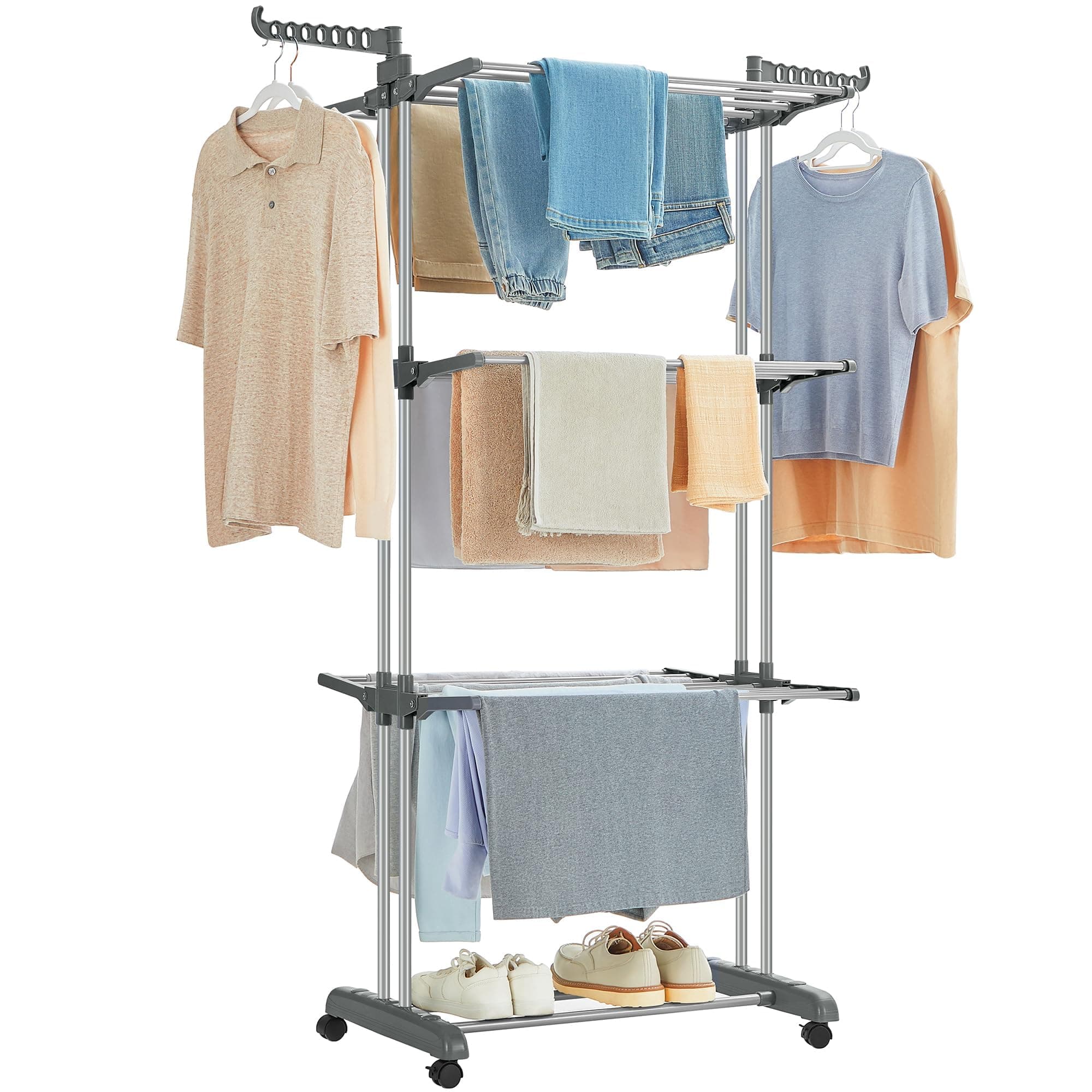 Clothes Drying Rack Stand 4-Tier, Foldable Clothes Rack for Air Drying Clothing, Sturdy Durable Clothes Dryer, Stainless Steel Laundry Drying Stand for Indoor, Outdoor, Balcony, Gray