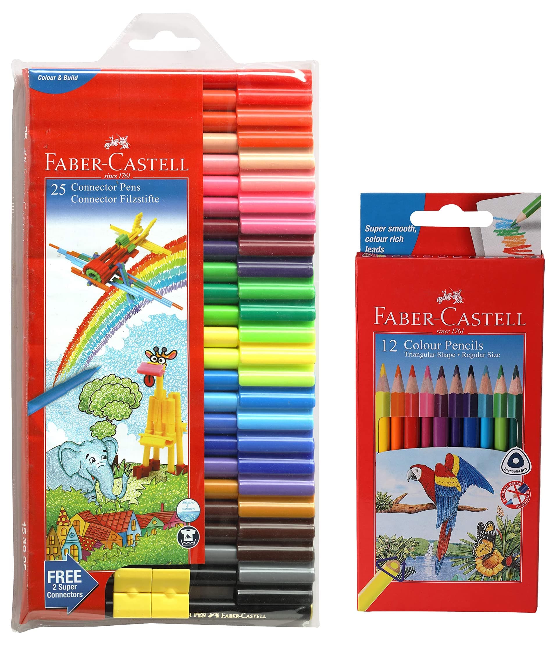 Faber-Castell Connector Pen Set - Pack of 25 (Assorted) Triangular Colour Pencils - Pack of 12 (Assorted)