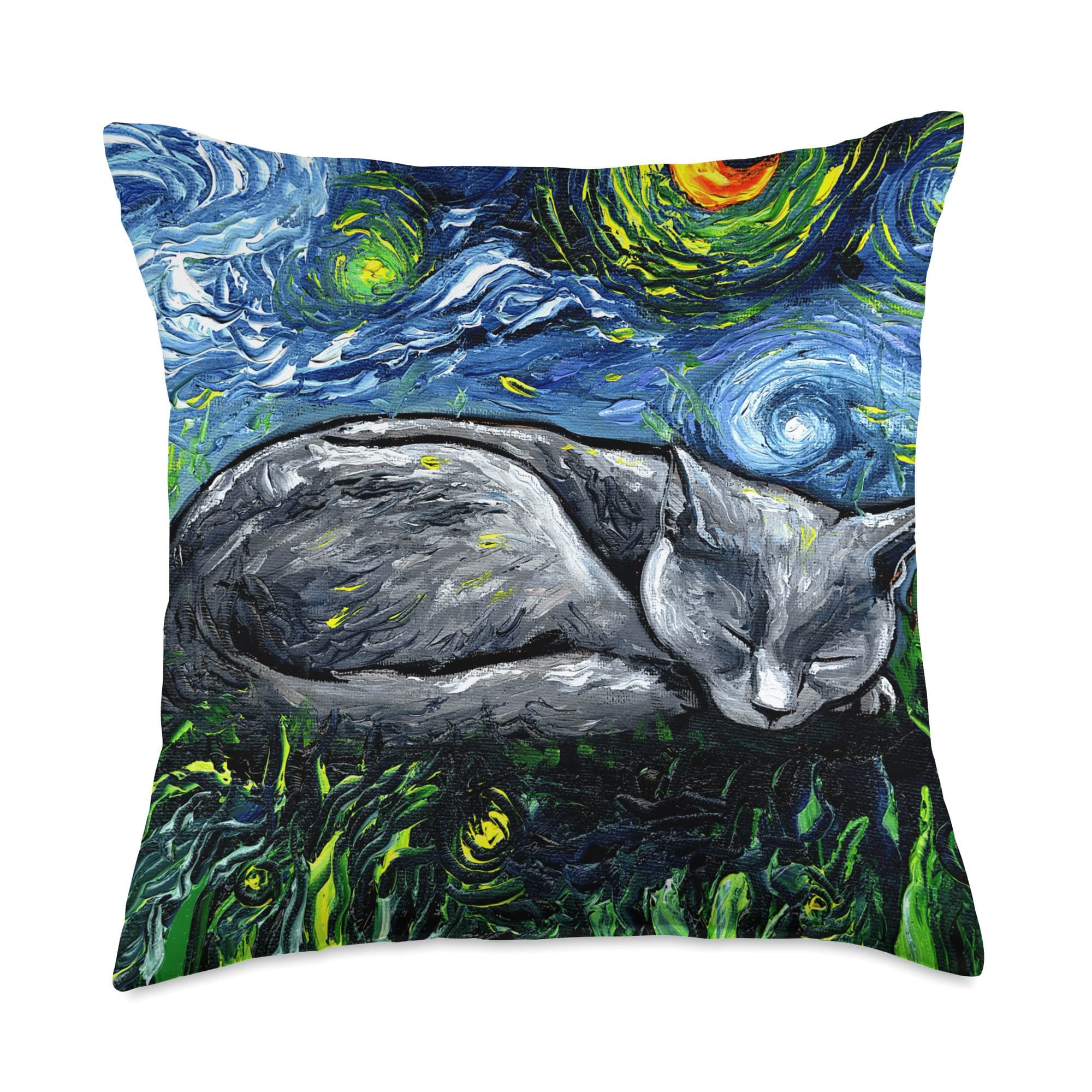 Russian Blue Cat Starry Night Gray Sleeping Kitty Artwork Throw Pillow