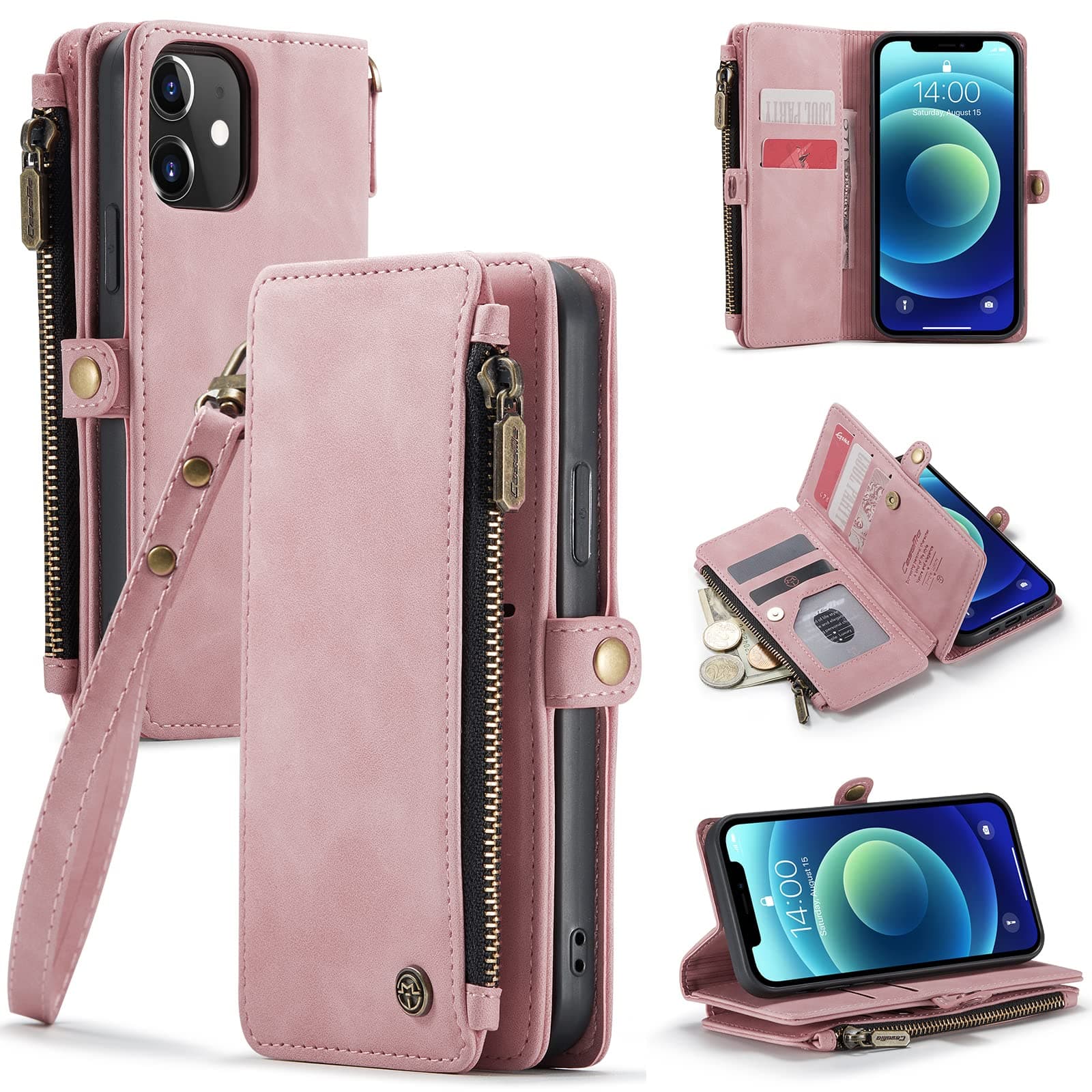 DefencaseCompatible with iPhone 12/Pro Case Wallet with RFID Blocking Card Holder for Women Men, PU Leather Magnetic Snap Flip Zipper Strap Wallet Phone Case Fit for iPhone 12 & 12 Pro 6.1, Rose PinkCarbonfree Certified