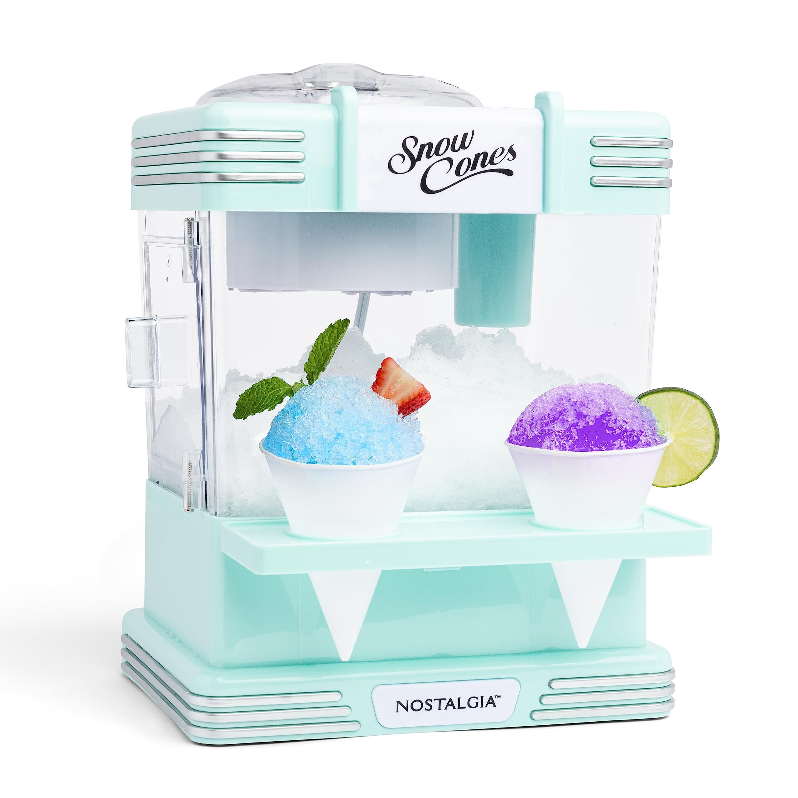 Nostalgia Snow Cone Shaved Ice Maker - Retro Tabletop Slush Machine Makes 20 Icy Treats - Includes 2 Reusable Plastic Cups and Ice Scoop - Aqua