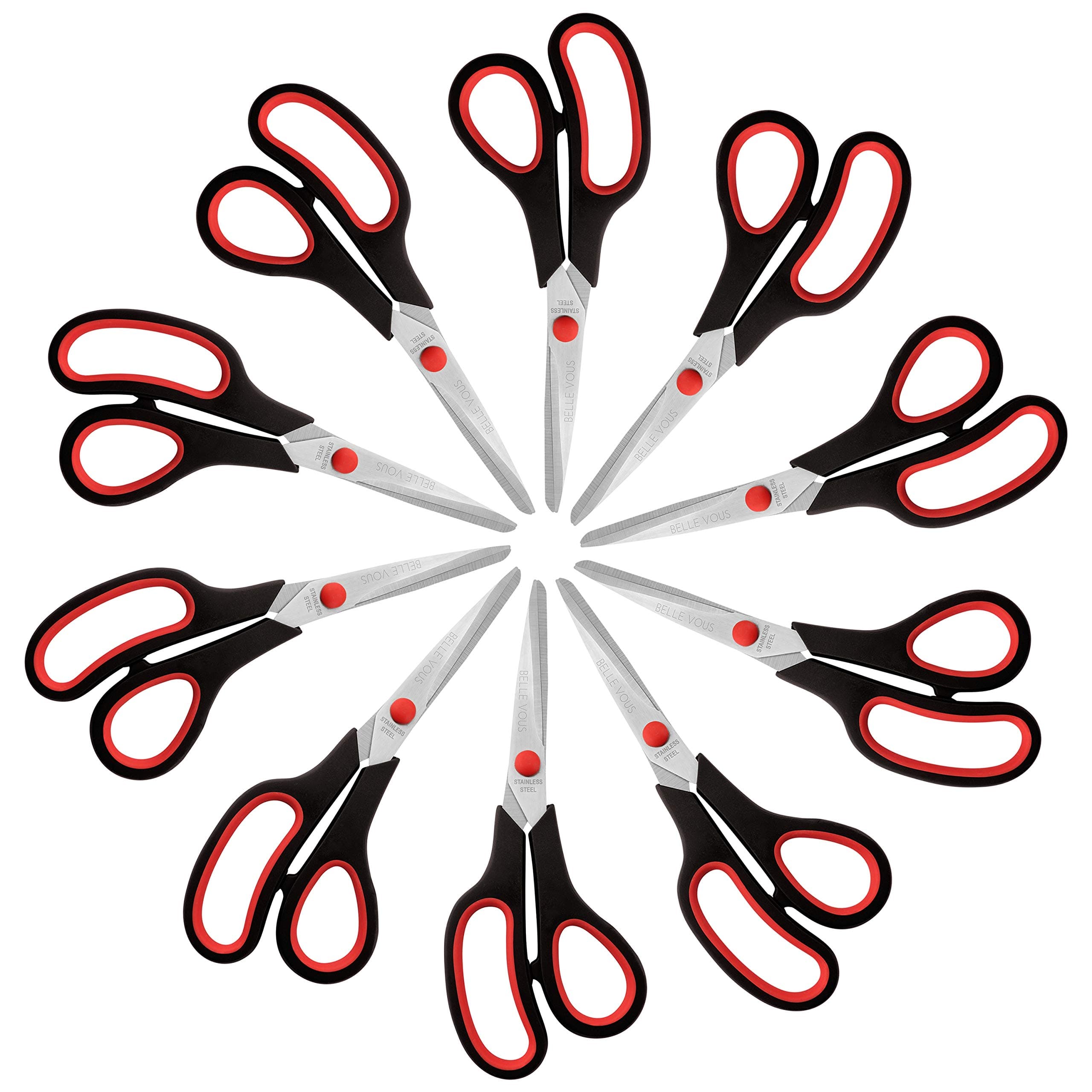 Belle Vous Scissors Multipack (10 Pack) - 21cm/8.27 inch Overall Length - Sharp Stainless Steel Blades - Soft Comfort Grip Handles - for Office and Home - Multipurpose Craft Scissors