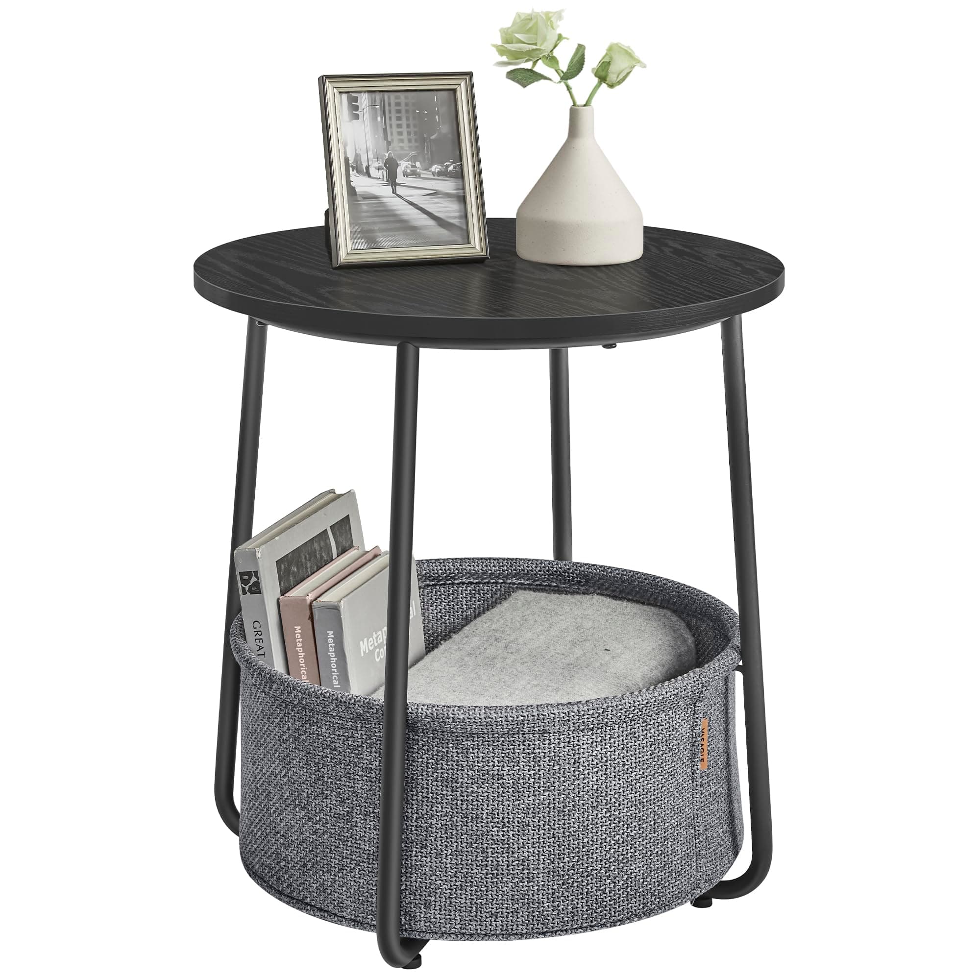 VASAGLE Small Round Side End Table, Modern Nightstand with Fabric Basket, Bedside Table for Living Room Bedroom, Ebony Black and Slate Gray ULET223B01