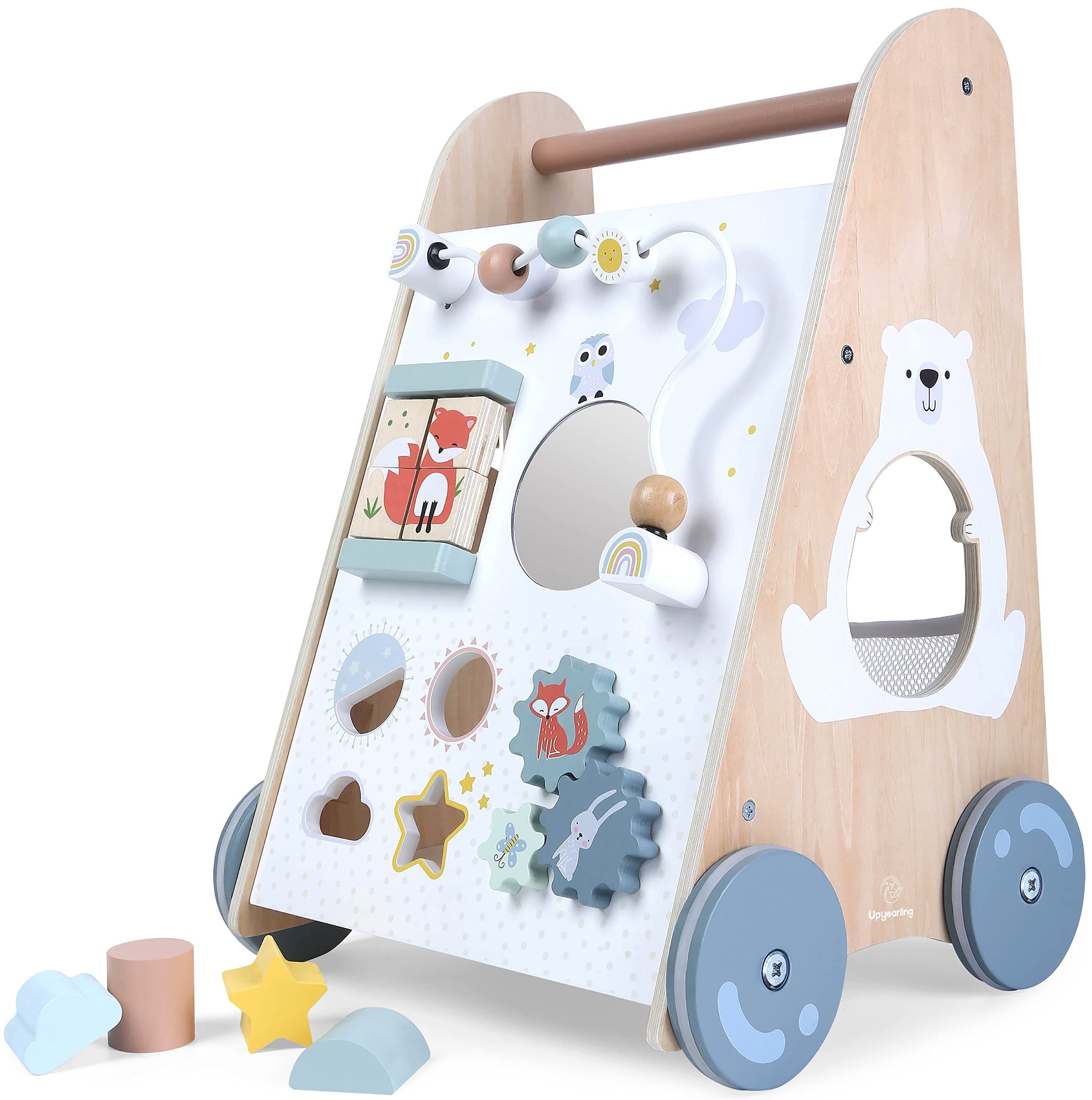 Wooden Baby Walker with Activity Center - Both Standing and Push Options - For Infants 10 to 12 months and Toddlers 1 Year Old and Up - Learn to Walk Toys for Boys and Girls - Babies Stand Up Activity