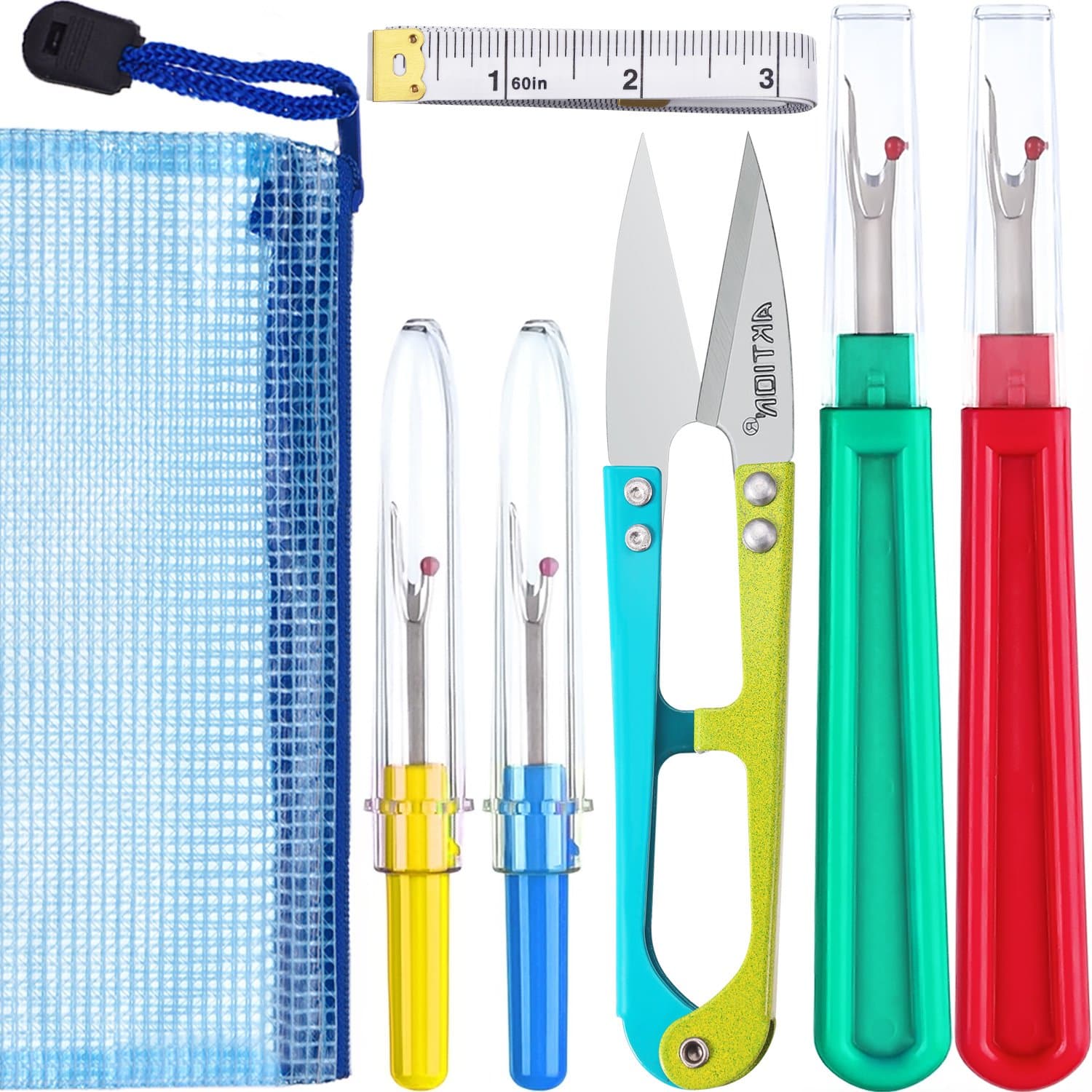 Bememo Sewing Seam Ripper Kit, 4 Pieces Thread Seam Remover Stitch Unpicker Thread Cutter Tool with Trimming Scissor, Soft Tape Measure and Storage Bag for Sewing