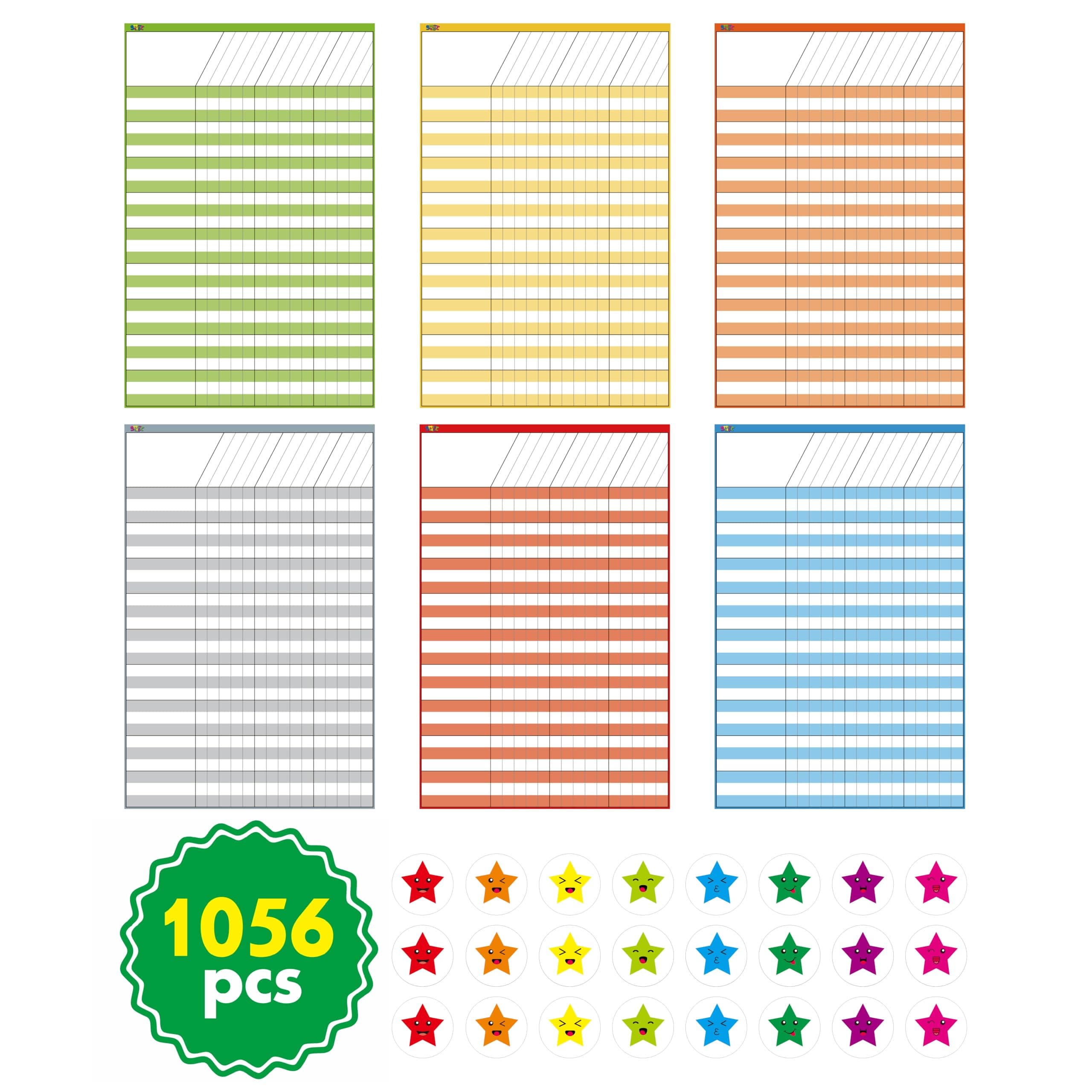 6 Pack Dry Erase Incentive Chart, 6 Multi-Color Tracking Chart with 1056 Reward Stars for Chore/Responsibility/School Attendance/Homework Progress Tracking, 27 Rows X 15 Columns (11" x 17")