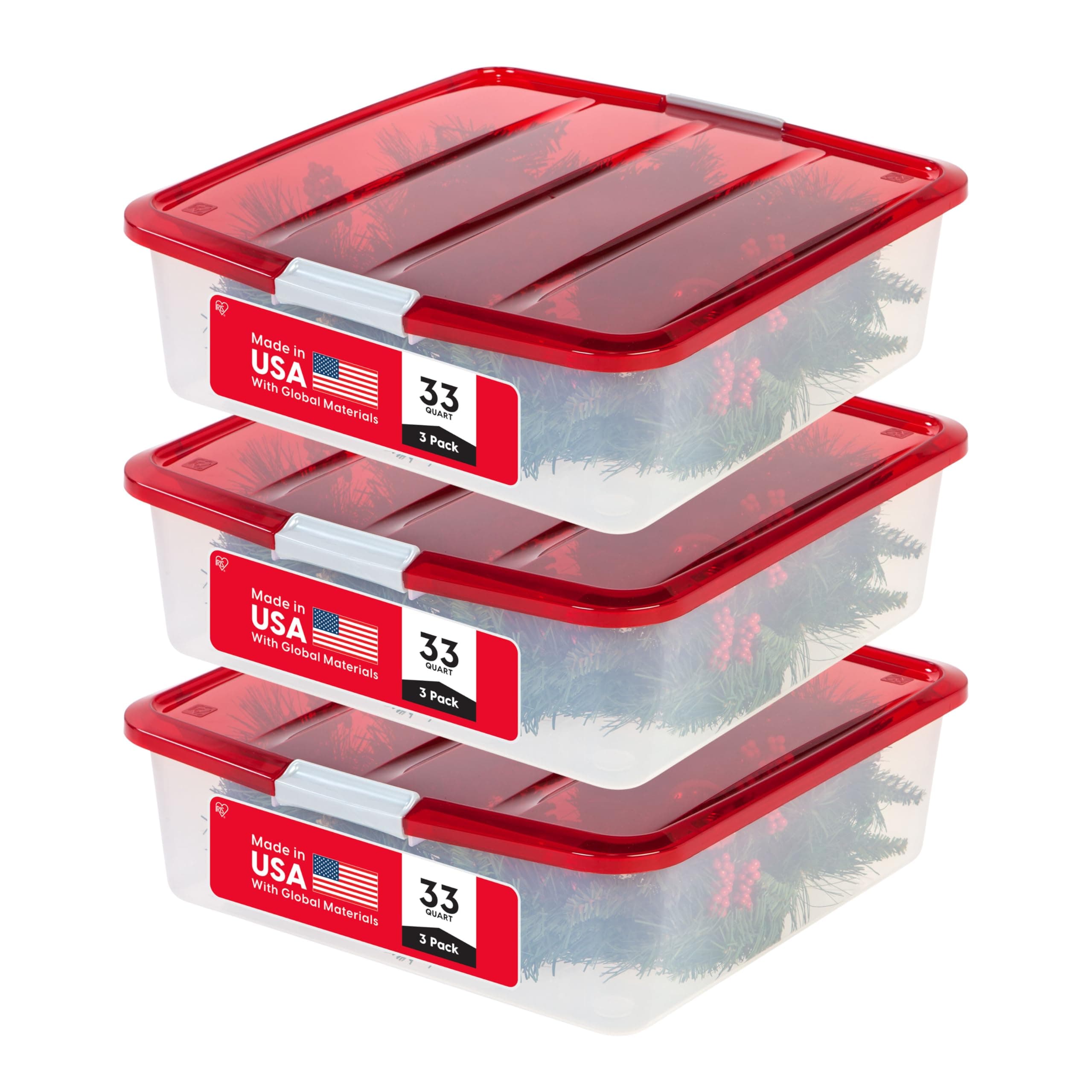 33 Quart Christmas Wreath Storage Container Box with Lid, 3-Pack, Stackable Under Bed Storage Organizer Bin with Latching Buckles for 20" Wreaths Christmas Decorations Garlands, Clear/Red