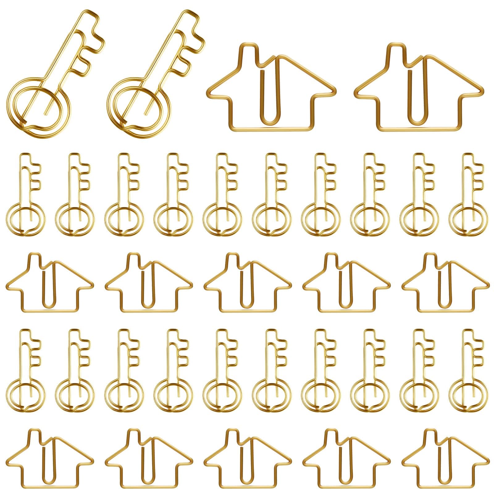 Gueevin 102 Pack Clips Office Supplies 50 Pcs House Shaped Paper Clips 50 Pcs Key Shaped Wire Paper Pins with 2 Clear Storage Box for Agent Office Home Classroom Desk Accessories Gift(Gold)