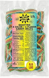 Quattro Rainbow Candy Belts, 6.6 lb Bulk Bag, Vegan Four Flavor Sour Candy Since 1985, Soft Chewy Sweet Tart, Non-GMO Gelatin Free