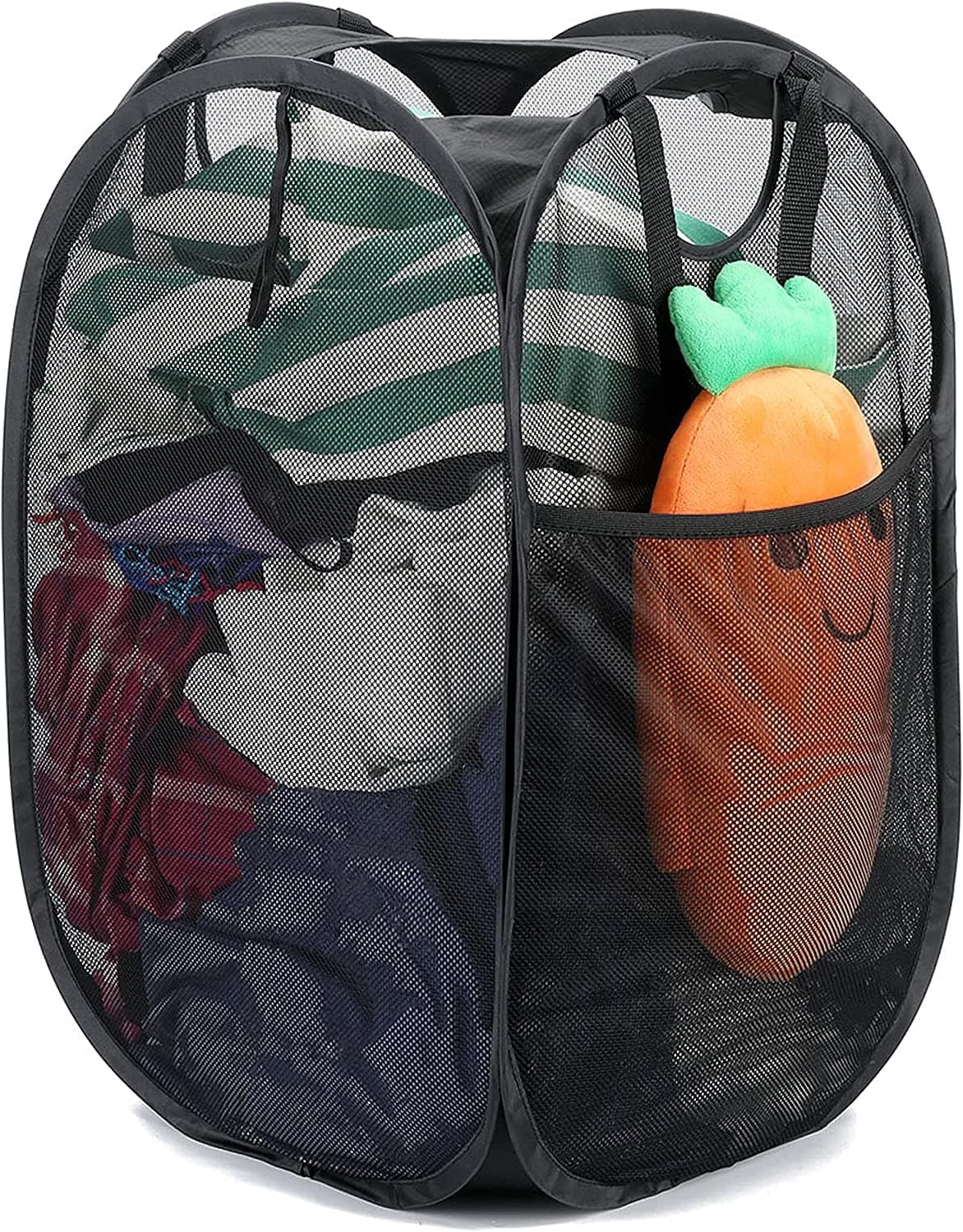 Tycom Pop Up Laundry Mesh Hamper Basket - Storage Solution - Compact Bin - Mesh Collapsible Bag - Laundry Hamper - Collapsible Laundry Basket (Black Vertical)