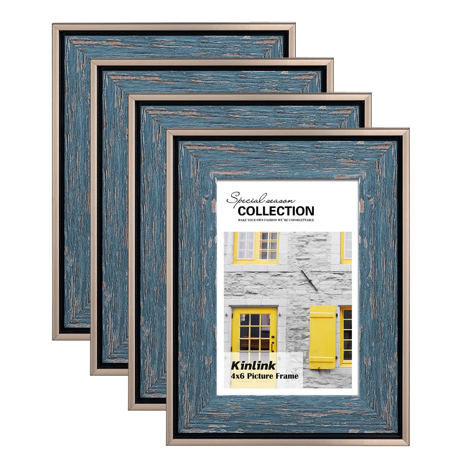 KINLINK Rustic 4x6 Picture Frames - Retro Distressed Farmhouse Frames Blue with Real Glass for Tabletop and Wall Mounting Display For Family Friends Wedding Gift, Set of 4