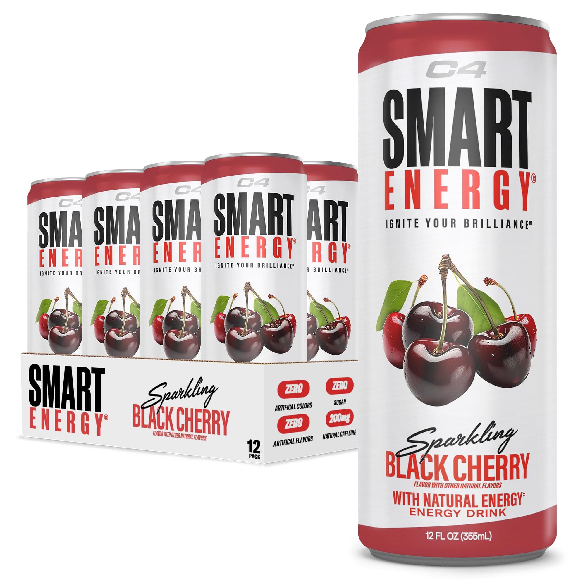 C4 Smart Energy Drink – Boost Focus and Energy with Zero Sugar, Natural Energy, and Nootropics - 200mg Caffeine - Black Cherry (12oz Pack of 12)