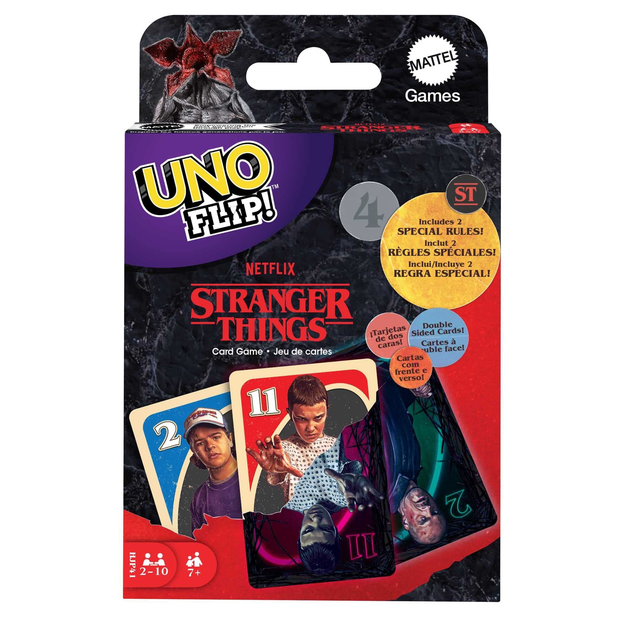 UNO FLIP! STRANGER THINGS Card Game with Double-Sided Deck, Collectible Gift for Kid, Family & Adult Game Nights, 2 to 10 Players Ages 7 Years Old & Up
