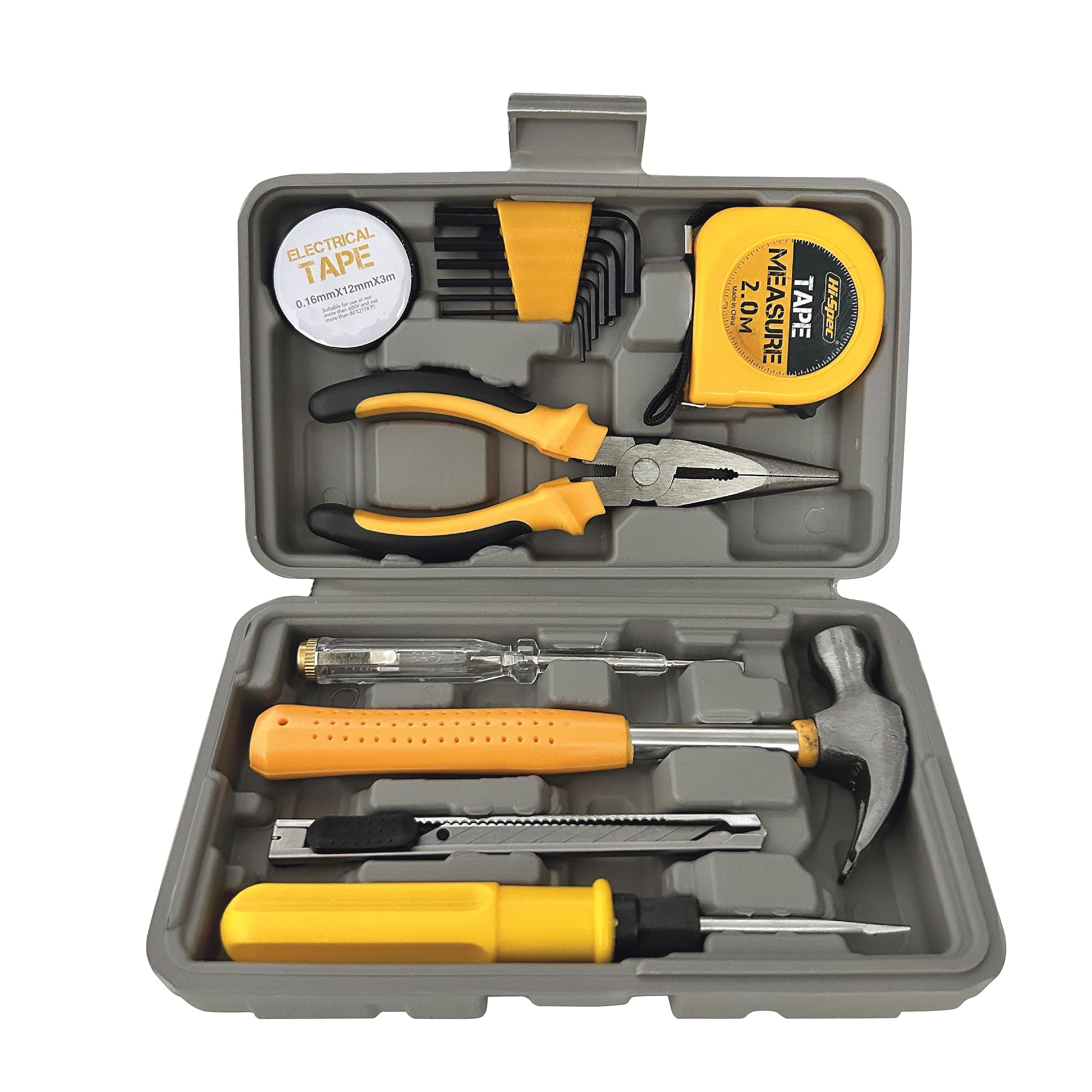 Buildskill 14-Piece Compact Hand Tool Kit with 2-in-1 Screwdriver, Utility Knife, Measuring Tape, Hammer, Tester, Pliers, Allen Key Set, Electric Tape, and Lockable Storage Case
