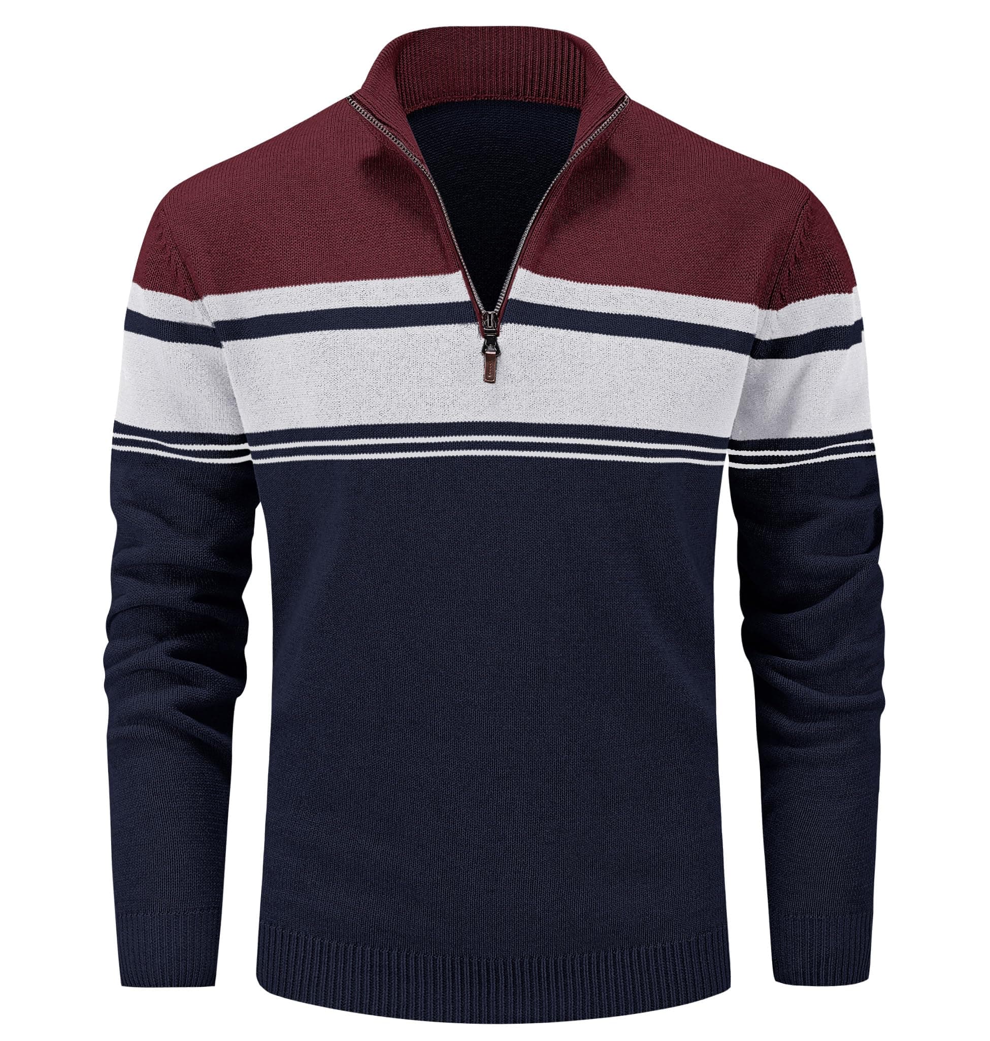 MAGCOMSEN Men's Sweaters 1/4 Zip Up Casual Striped Pullover Polo Sweaters Fall Winter Sweatshirts, Navy Wine Red, XL