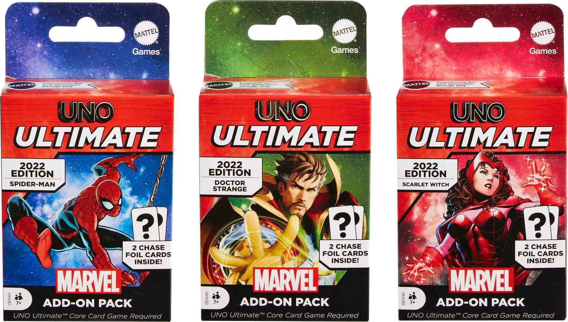 Mattel Games ​UNO Ultimate Marvel Add-On 3-Pack Set with Collectible Figure Deck & 2 Foil Cards, Includes Spider-Man, Dr. Strange and Scarlet Witch