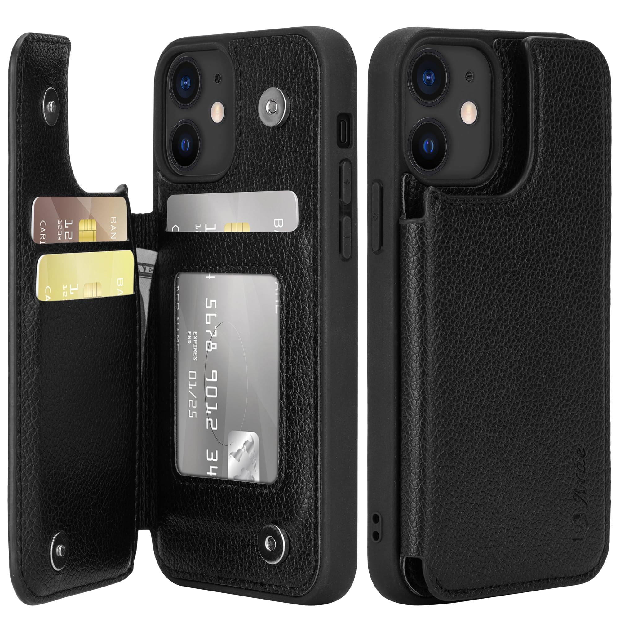 AraeCompatible with Case iPhone 12 and iPhone 12 Pro - Wallet Case with PU Leather Card Pockets Back Flip Cover for iPhone 12/12 Pro 6.1 inch -Litchi Black