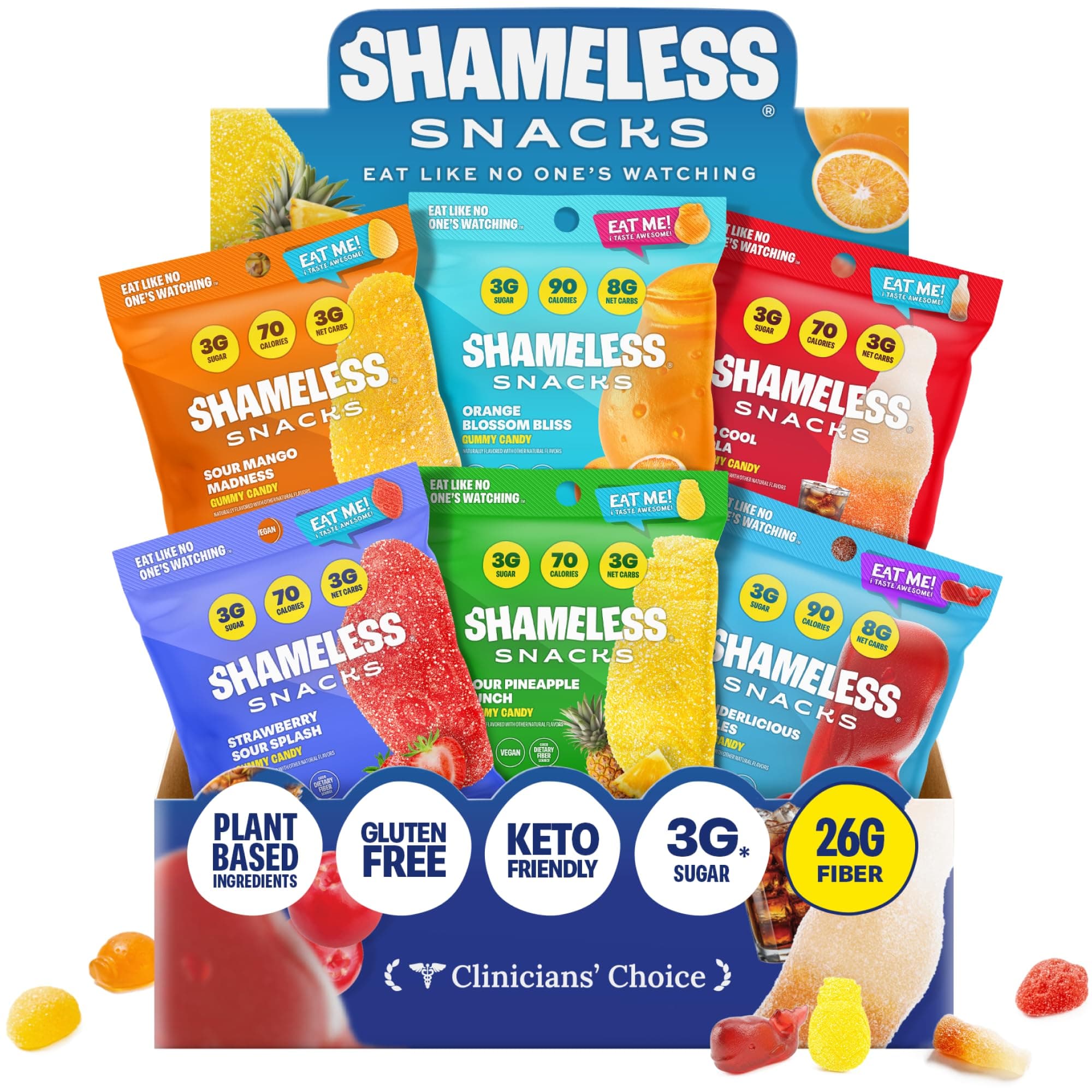 Shameless Snacks Candy Carnival - Healthy Low Sugar Snacks with Pineapple, Mango, Orange, Strawberry & Cola Gummies - Vegan, Gluten-Free, Low-Calorie Candy Variety Pack