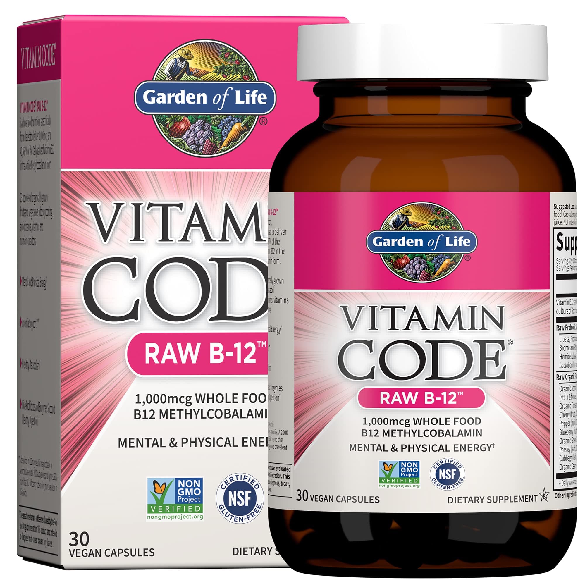 Vitamin Code Raw B-12 - 30 Capsules, 1,000mcg Whole Food B12 Methylcobalamin for Energy, Vegan Methylcobalamin Vitamin plus Probiotics and Enzymes, Gluten Free Supplements