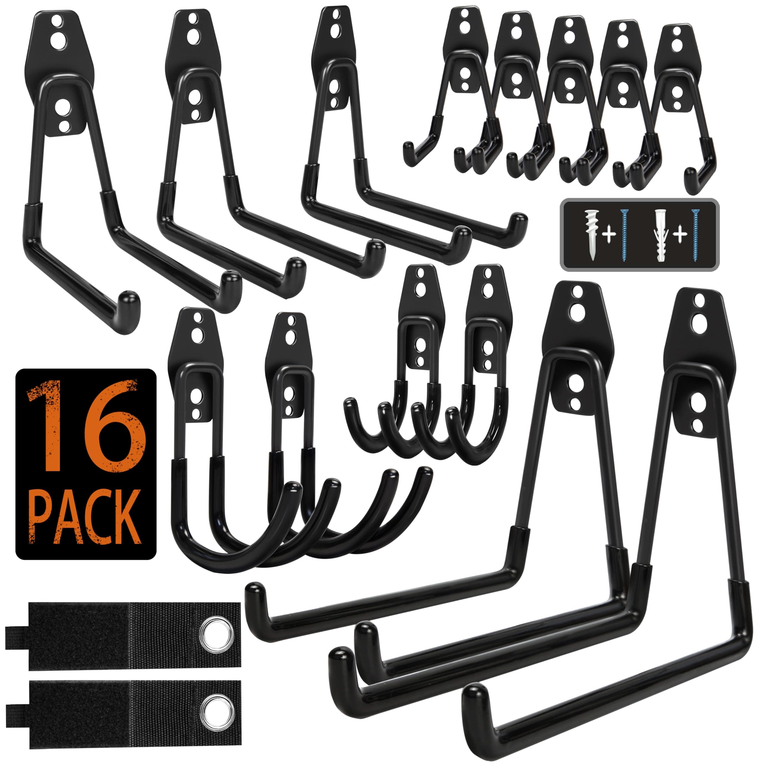 Garage Hooks, 16 Pack Steel Heavy Duty Garage Storage Hooks with Anti-Slip Coating, Utility Garage Wall Mount Hooks for Hanging Bike, Ladder and Garden Tools