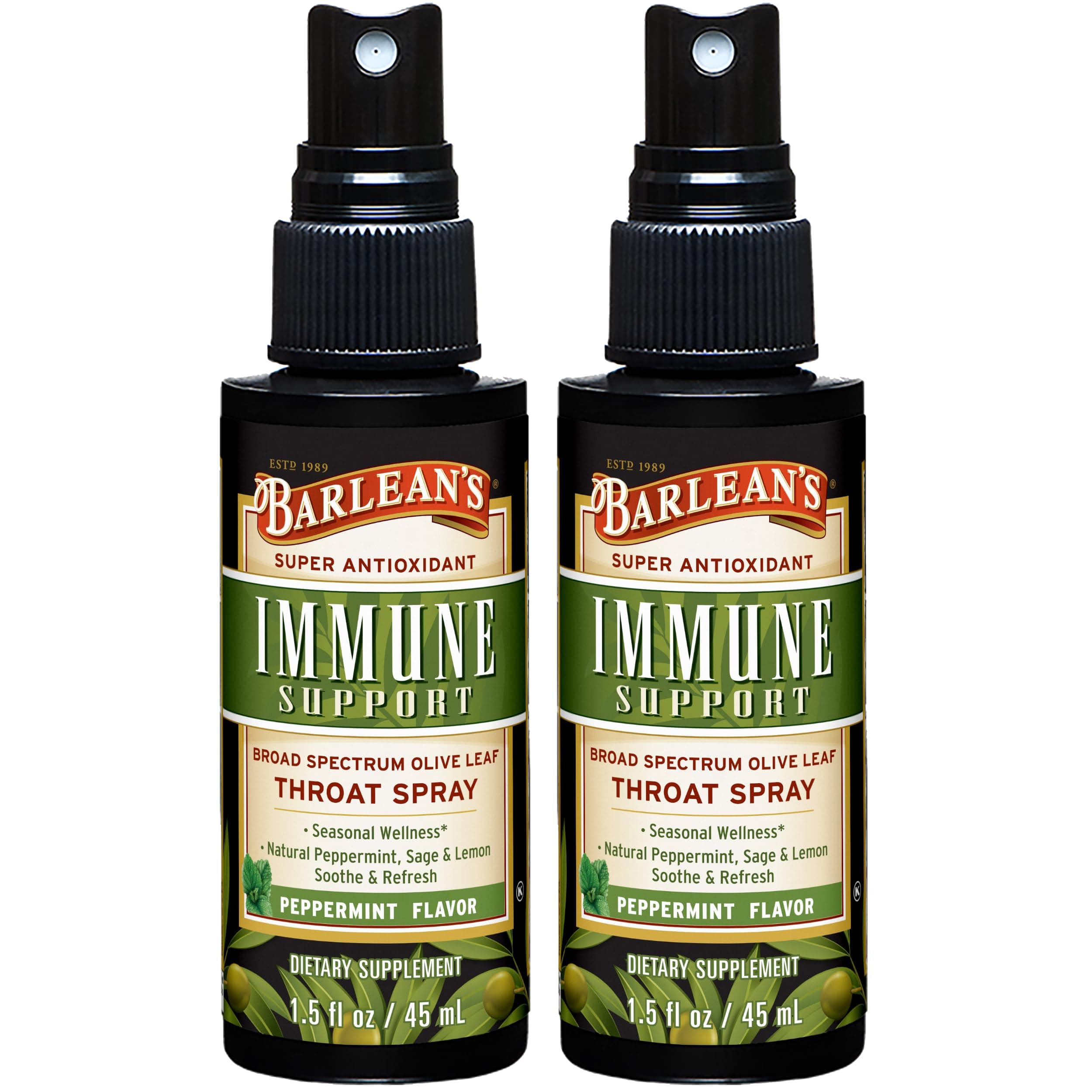 Barlean's 2 Pack Olive Leaf Complex Throat Spray with Peppermint, Lemon, and Sage for Itchy Throat Relief, Immune Support Supplement, Liquid Blended Extract, 1.5 oz