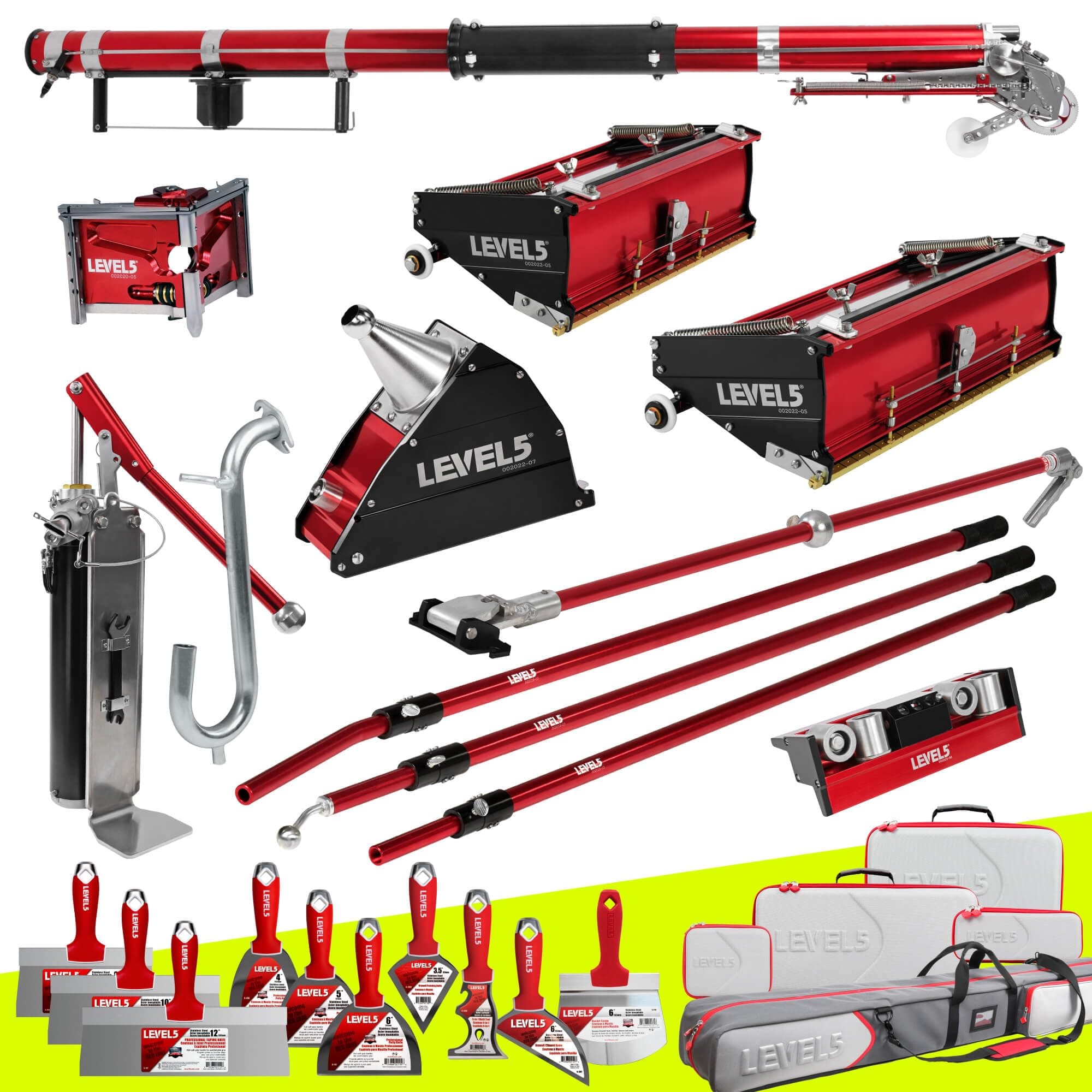 Automatic Drywall Taping and Finishing Tool Set | 4-600 | Automatic Taper, 10”/12" Flat Boxes, 3” Angle Head, 7” Corner Applicator Box, Corner Roller, Standard Handles, Pump, Gooseneck