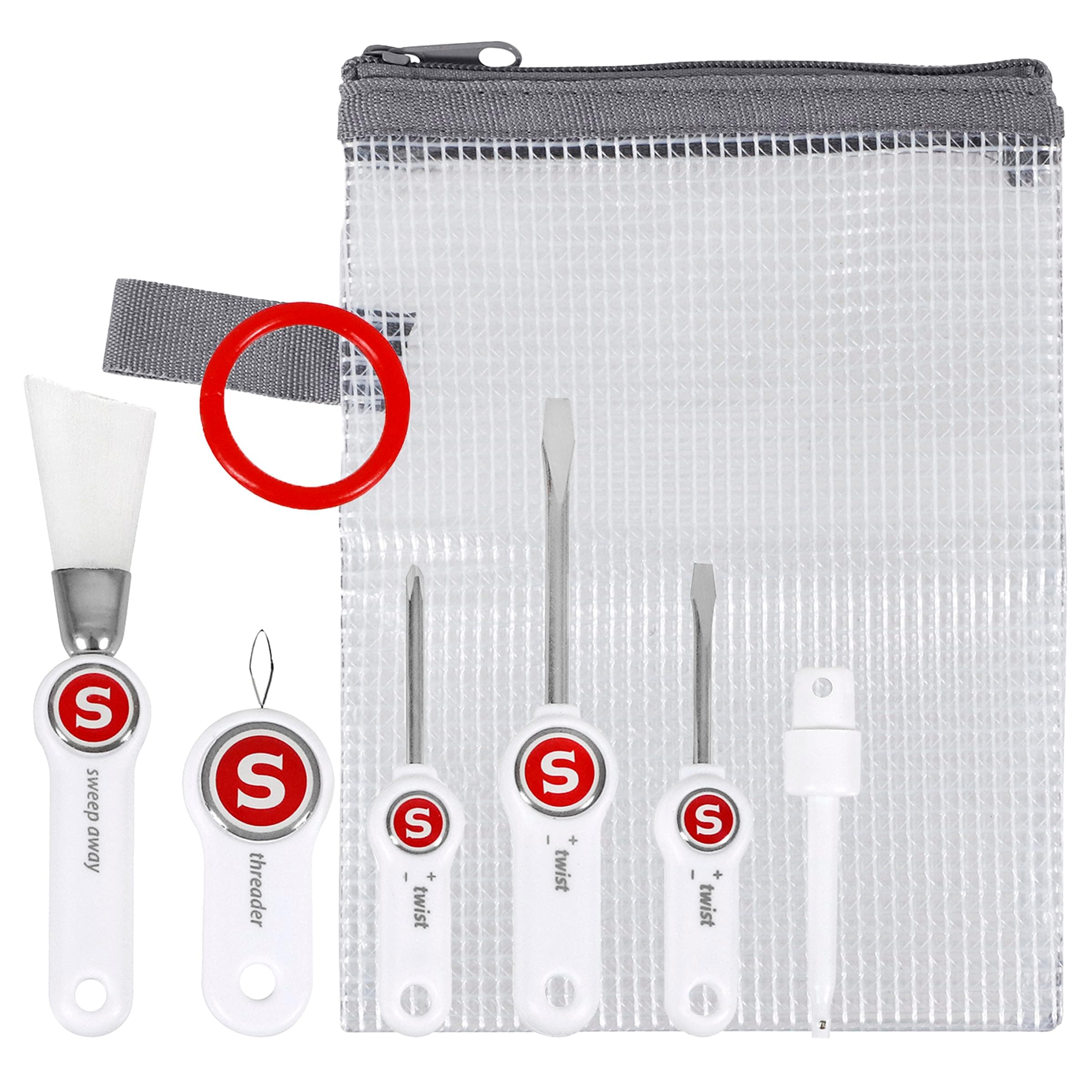 SINGER Sewing Machine Maintenance Kit - Tool Set with Needle Inserter, Angled Lint Brush, Set of 3 Screwdrivers, Needle Threader - Universal Compatibility & Storage Pouch Included, 7pc