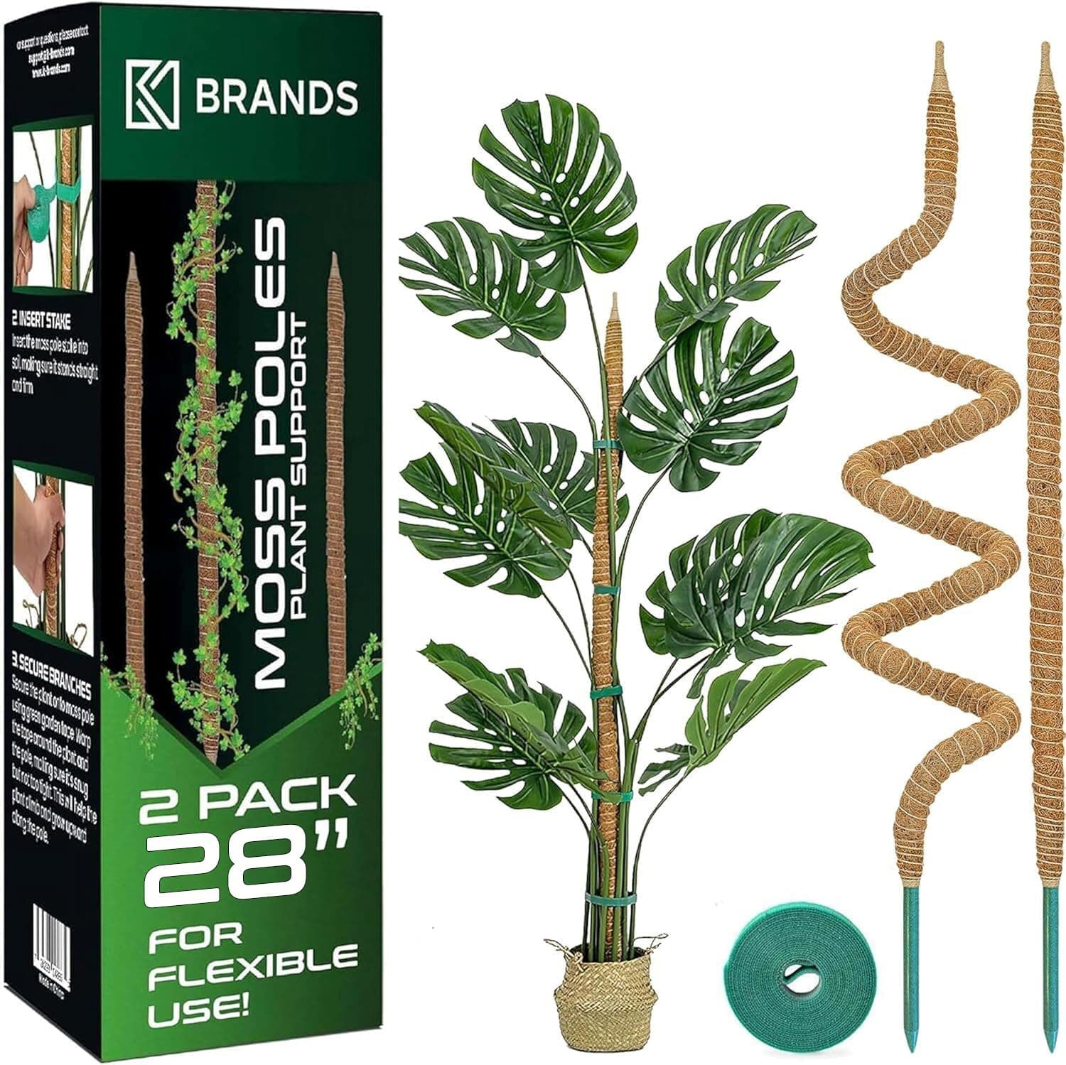 K-Brands Moss Pole (2 Pack, 71 cm/28 In/ 2.3 ft) - Bendable Monstera Plant Support - Cheese Plant Support Pole Sticks - Moss Poles for Climbing Plants - Plant Stakes Indoor with Ties
