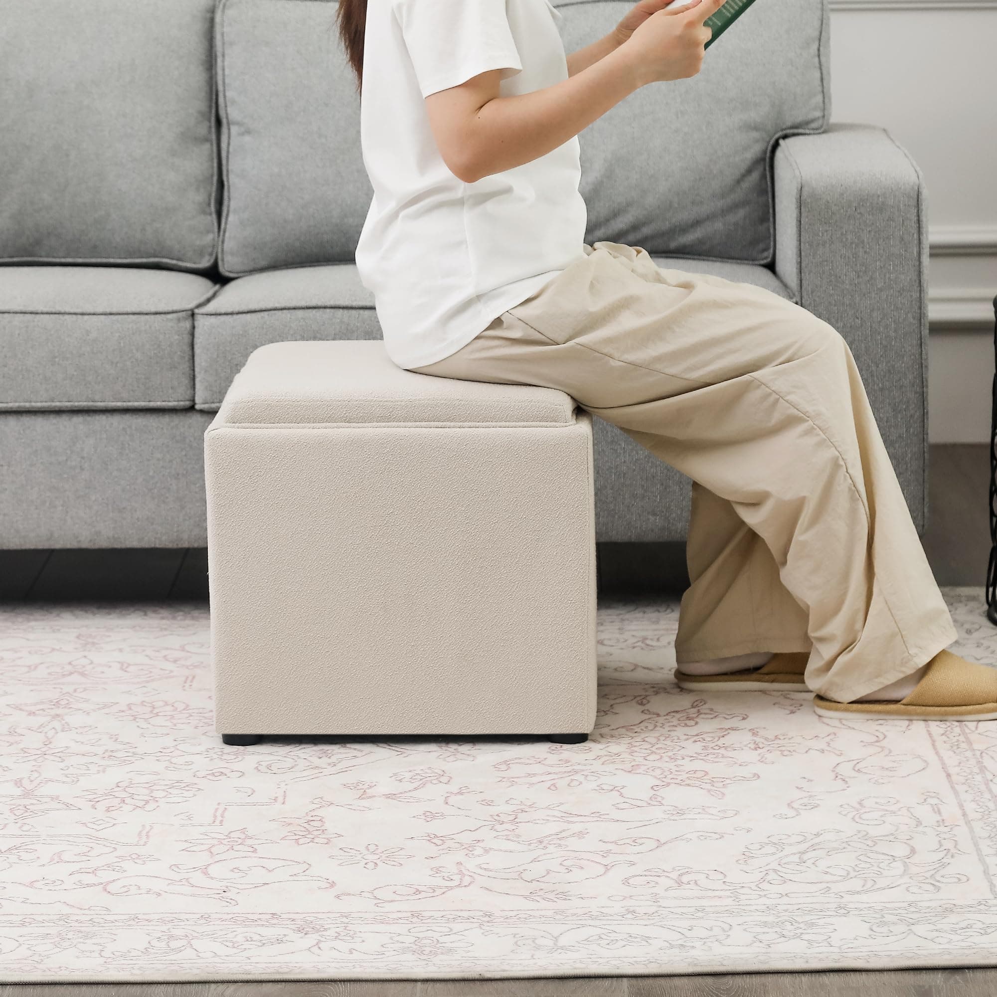Adeco 17" Beige Square Storage Ottoman with Tray, Modern Cube Ottoman Coffee Table for Dorm, Bedroom (Beige with Tray)