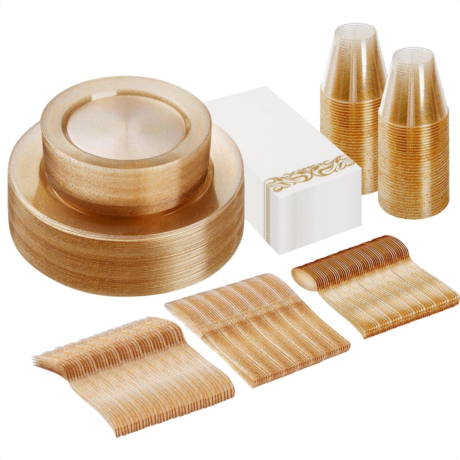 Goodluck 175 Pieces Dinnerware Set for 25 Guests, Plastic Plates Disposable for Party, Include: 50 Gold Glitter Plastic Plates, 25 Paper Napkins, 25 Cups, 25 Gold Glitter Silverware Set