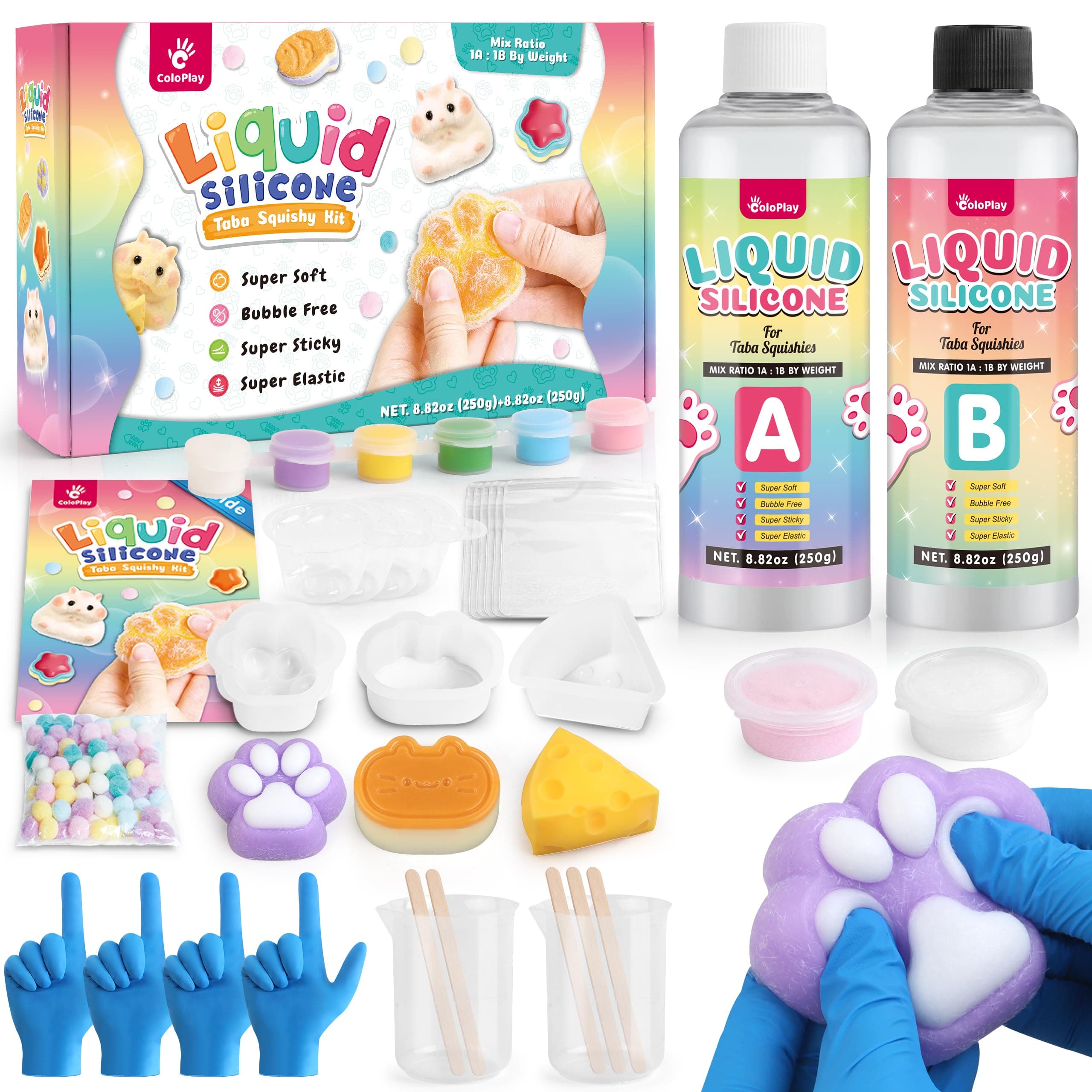 ColoPlay Taba Squishy Kit - 18OZ Rubber with Guided, Bubble Free and Faster Fully Cures - FuFu Squishy Kit with Mold, Flocking Powder - Stress Relief Entertainment