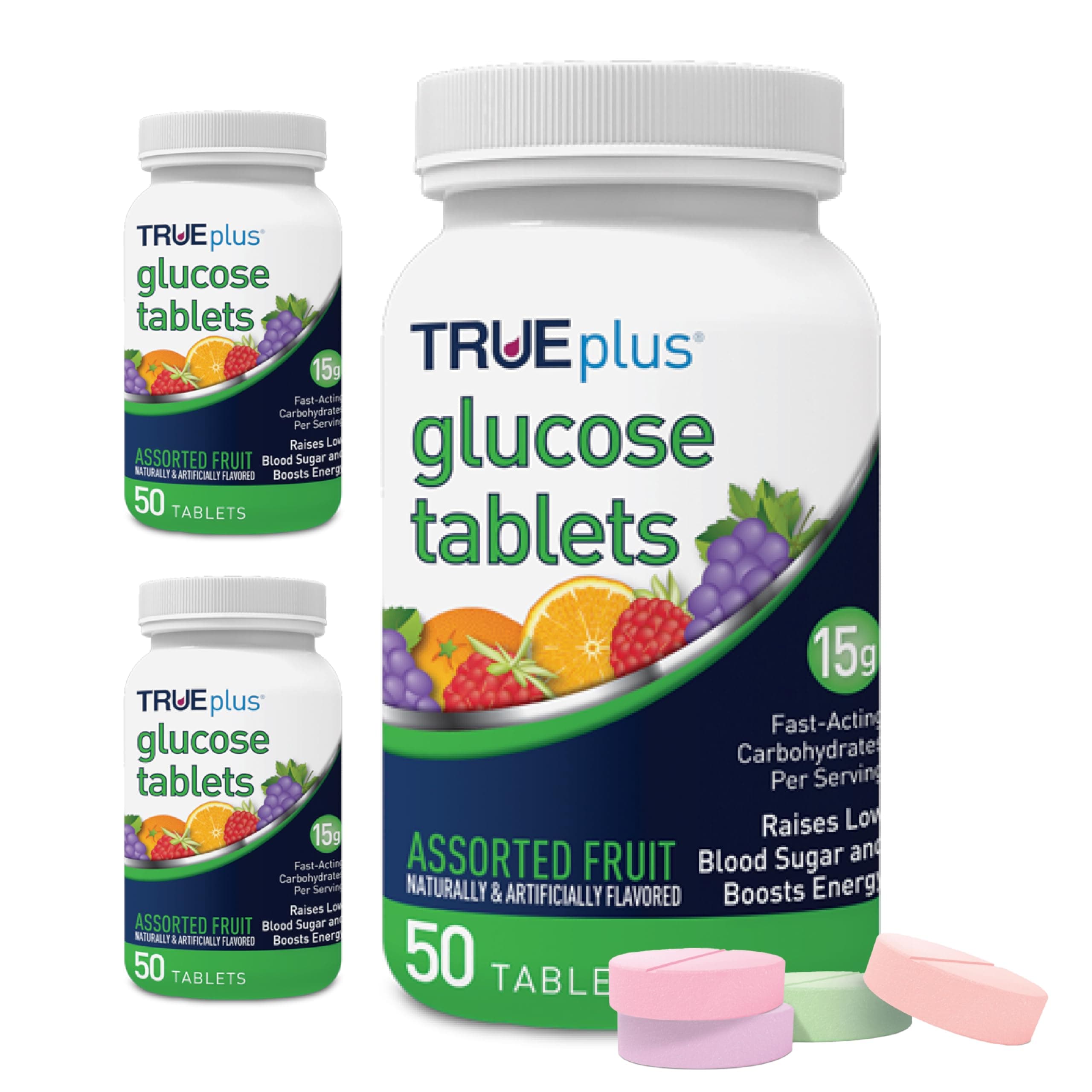 TRUEplus® Glucose Tablets, Assorted Flavor (G, Raspberry, Orange) - 50ct Bottle – 3 Pack