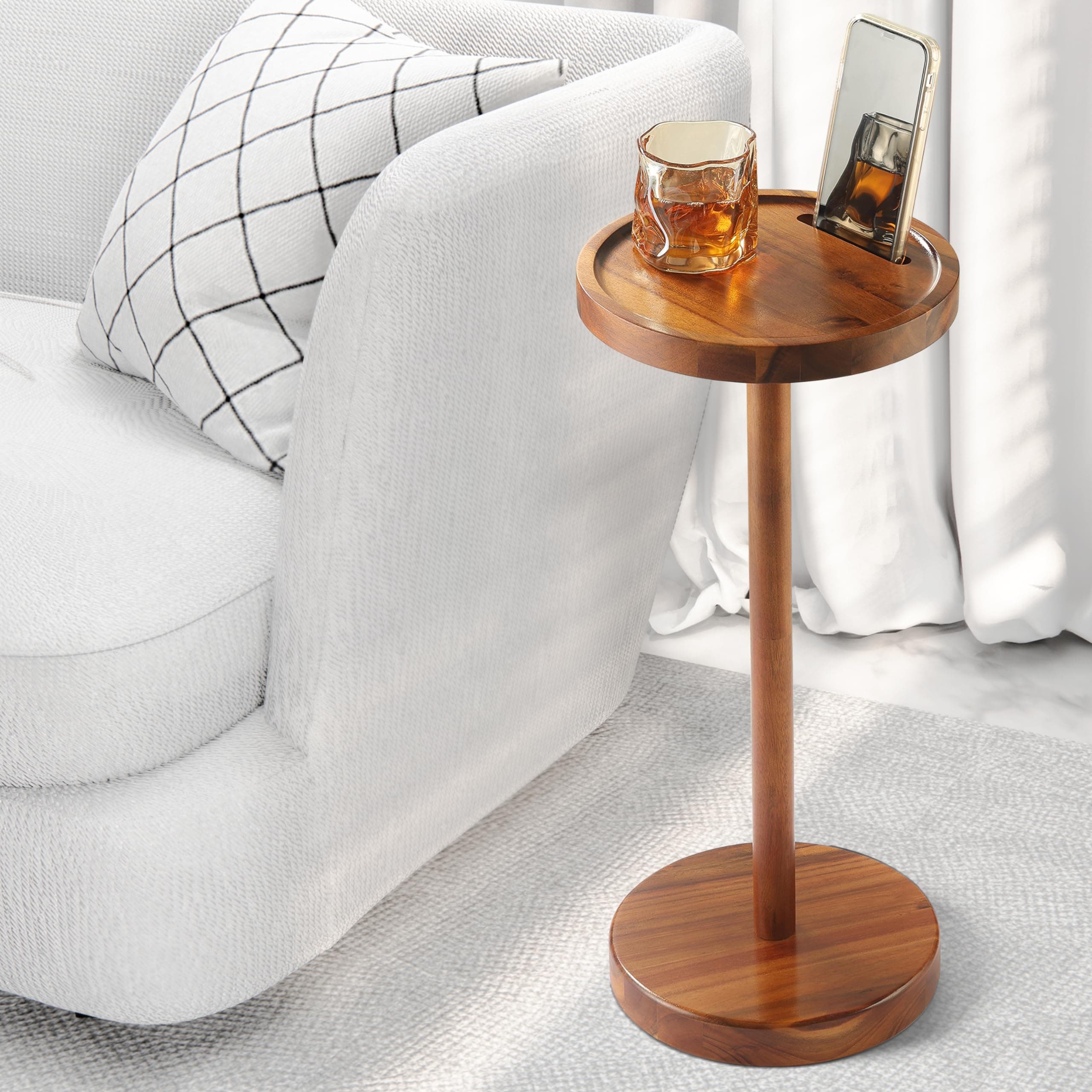 Pedestal Side Table, Acacia Drink Table with Weighted Base, Small Round Side Table for Small Spaces with Phone Holder, Martini & Cocktail Pedestal End Table for Living Room, RVs, Home Office