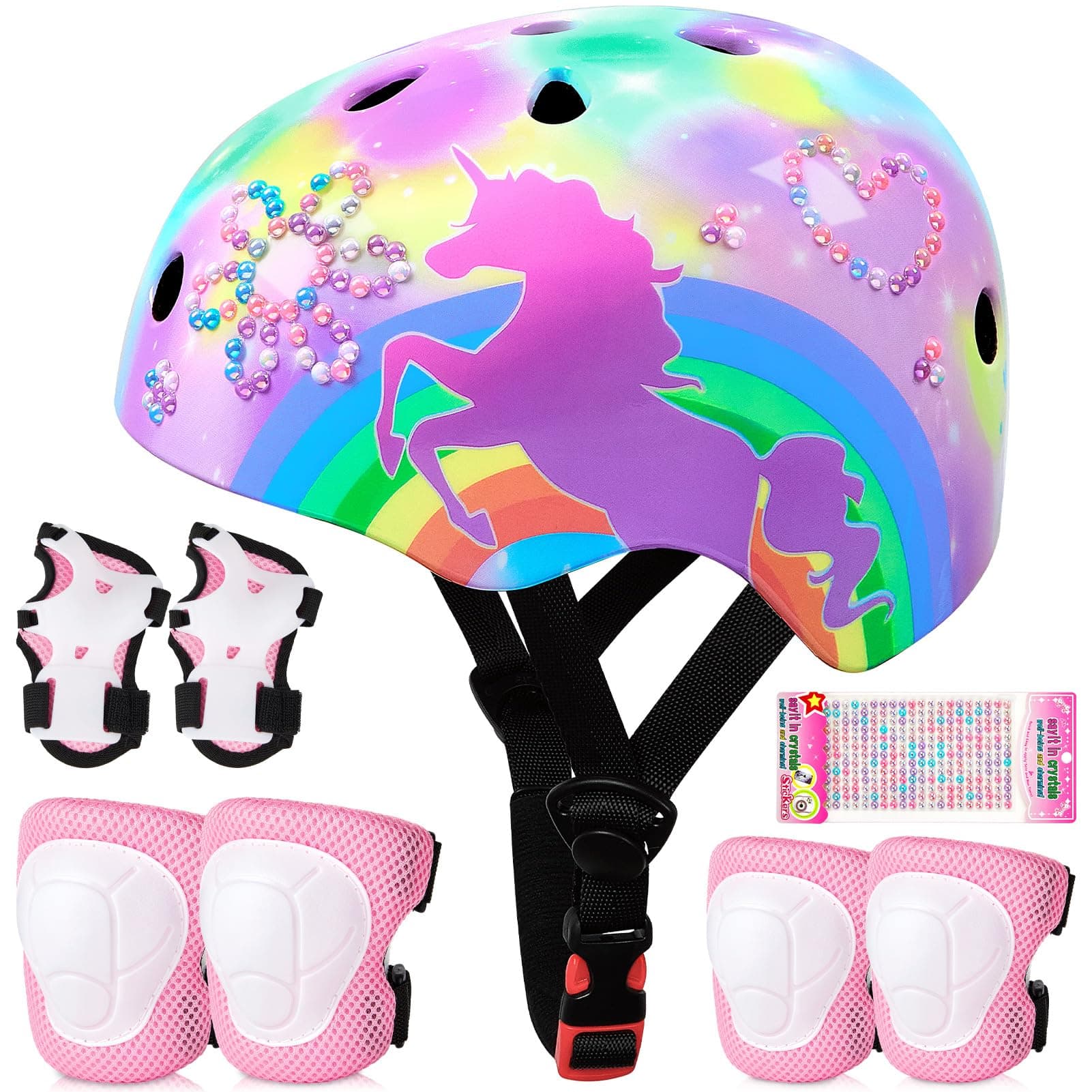 Toddler Bike Helmet Kids Helmet Knee Pads and Elbow Pads Set Adjustable Protective Gear Set with DIY Stickers for Girls Age 3-5-8 Years
