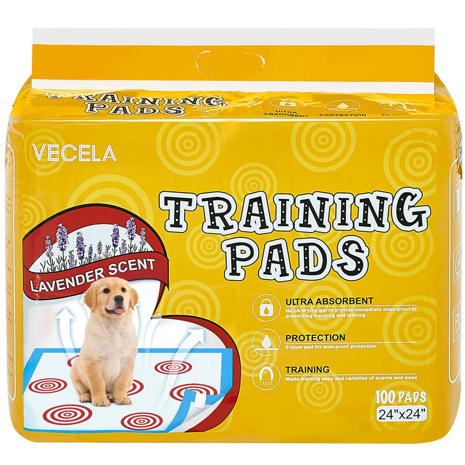 VECELA Pet Training Pads with Guided Circle Printing Regular Heavy Duty 24" x 24"-100Count