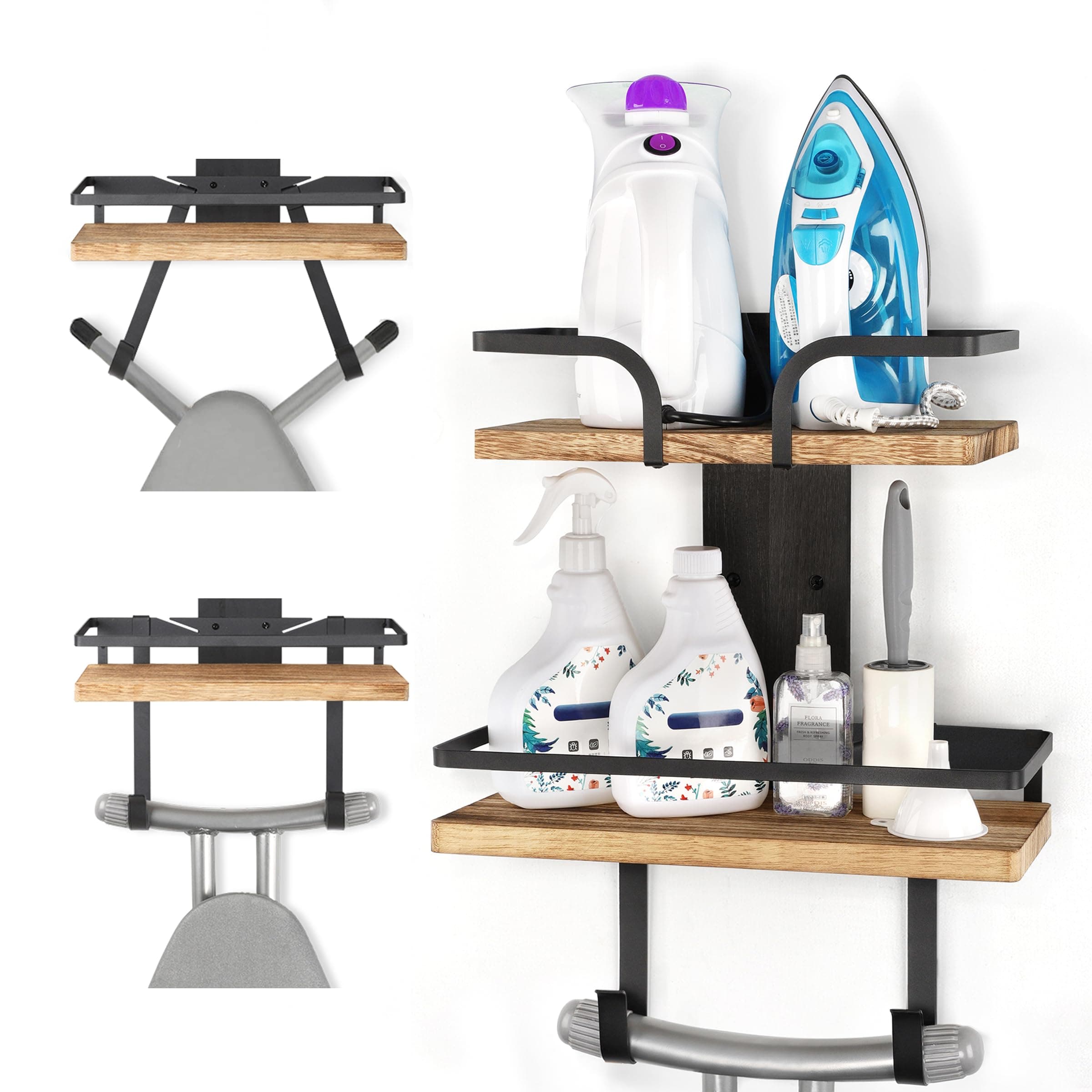 VINAEMO Ironing Board Hanger Wall Mount, 2-Layer Iron and Ironing Board Holder for T&Y Shaped Legs, Extra Large Storage Laundry Room Shelves Solid Wood, Home & Laundry Room Organization and Storage