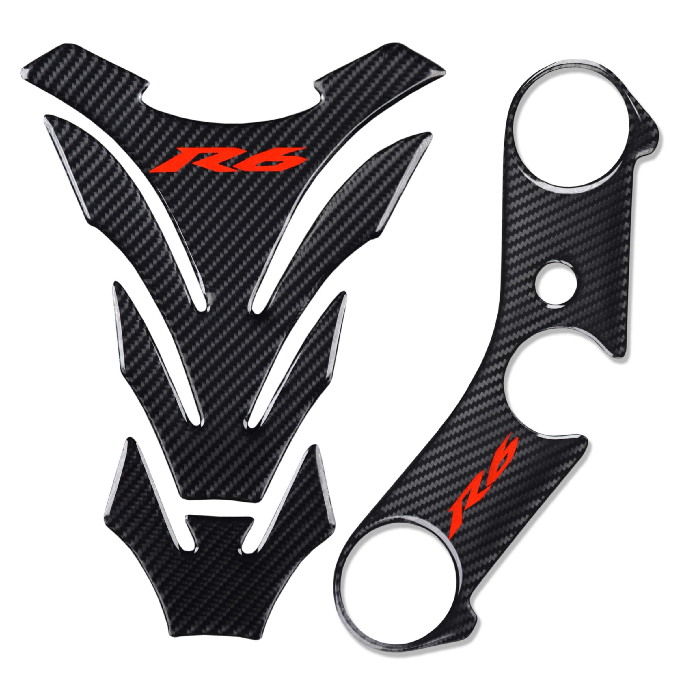 Real Carbon Look Triple Tree Front End Upper, Top Clamp Decal Stickers, Tank Pad, Tank Protector for Yzf R6 with Keychain, 3 Pcs Per Set