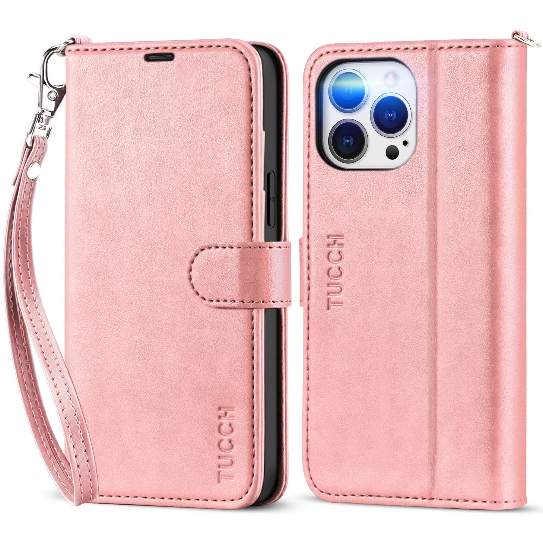 TUCCHFlip Case for iPhone 13 Pro Max (6.7") 2021 5G, PU Leather Wallet Case with Wrist Strap, RFID Blocking, Card Slot, Shockproof TPU, Viewing Stand, Magnetic Folio Cover for Women Men, Rose Gold