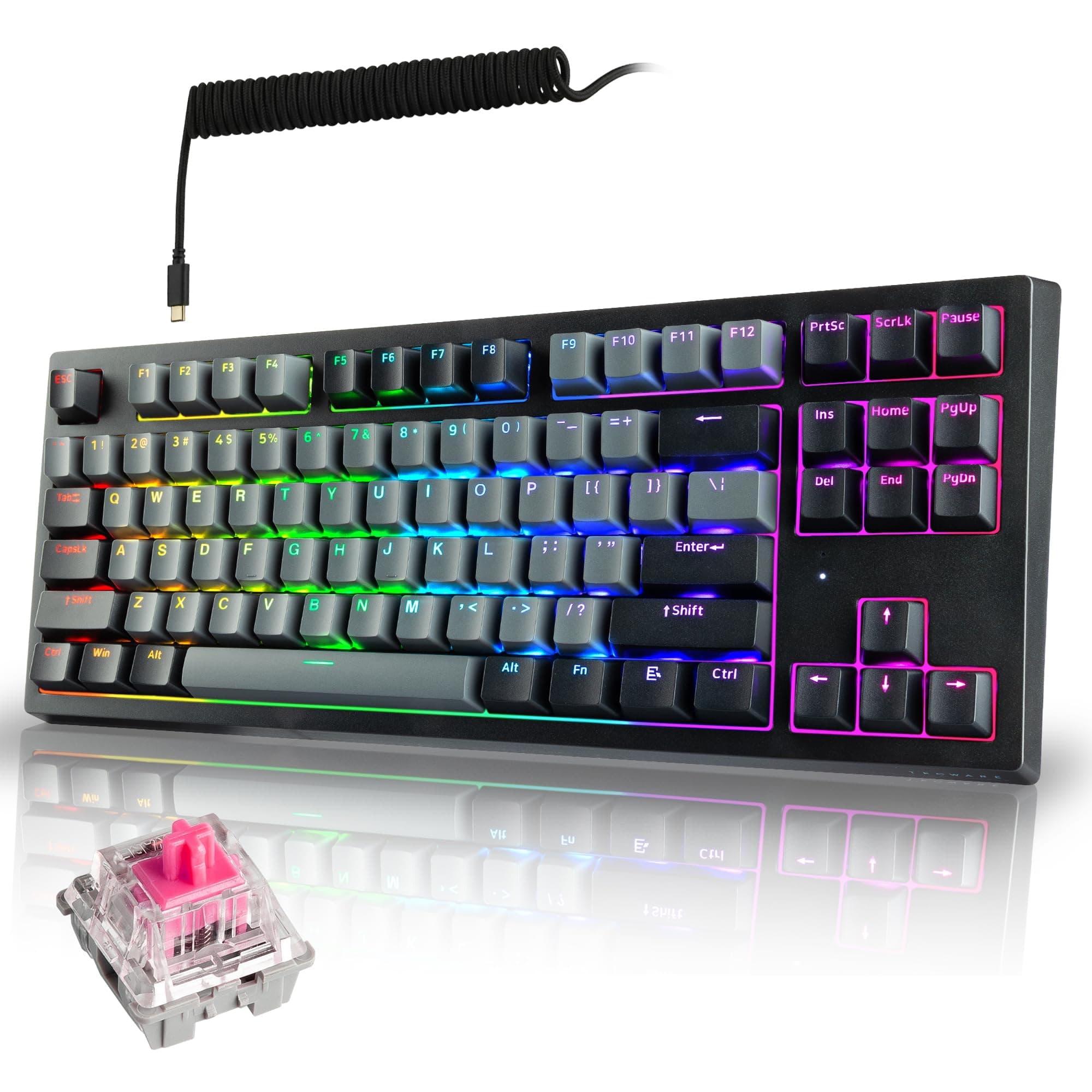 TECWARE Phantom+ Elite 87 Key RGB Mechanical Gaming Keyboard | 3 Mode Wireless Bluetooth 5.0 2.4GHz & USB C Wired | Hot Swappable 5 Pin | Double Shot PBT Keycaps | Wraith Pink Switch - Black