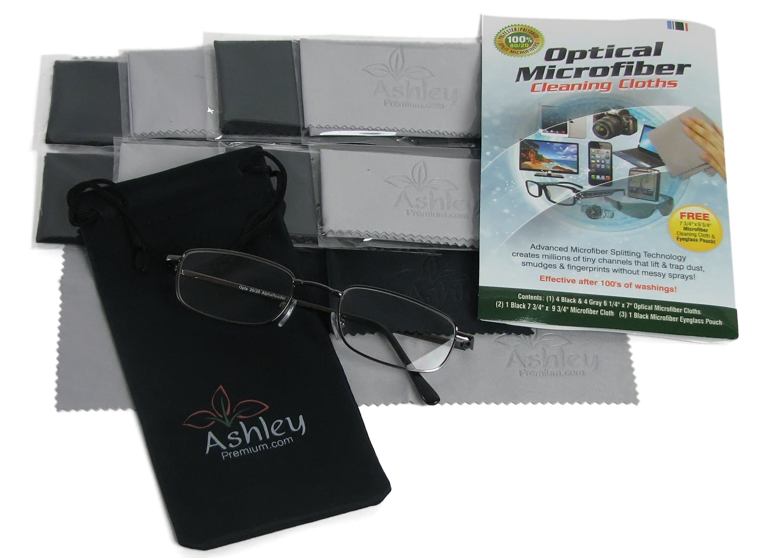 SAVE 33% TODAY! (8 Pack & FREE Case & More) Larger Premium Optical (80/20 Split) Microfiber Cleaning Cloths BY ASHLEY PREMIUM, INC - Size 6 1/4" x 7" – Ultra Soft and Absorbent | Cleans Eyeglasses, Ipad, Iphone, Computer Monitors, Tablets, Lenses, Glass, TV, Laptop, Electronics and Delicate Surfaces | Guaranteed Better or Your Money Back! | Each Cloth Is Individually Wrapped | FREE Sunglasses Pouch & 2 FREE XL 7 3/4" x 9 3/4" Electronics Cloth | Limited Time! BY ASHLEY PREMIUM, INC