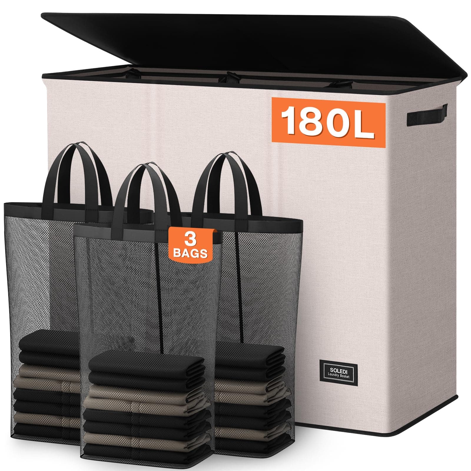 SOLEDI 180L 3-Section Laundry Hamper with Lid, Extra Large Dirty Clothes Basket with Sturdy Handles for Laundry Room & Bedroom - Durable Organizer for Sorting Laundry