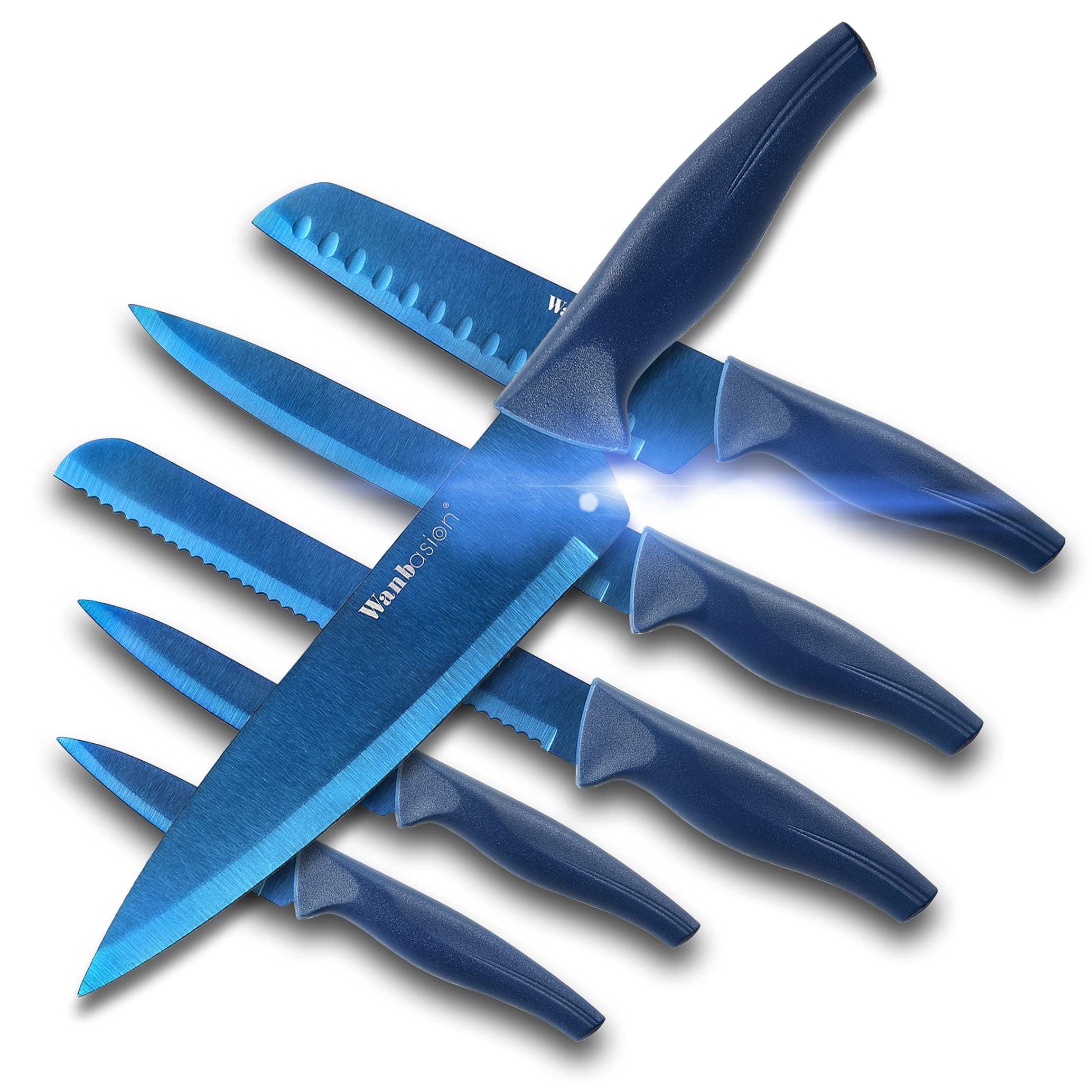 Wanbasion Kitchen Knife Set Dishwasher Safe, Sharp Knife Set Stainless Steel, Professional Kitchen Knives Set for Chefs 6Pcs Blue Set2