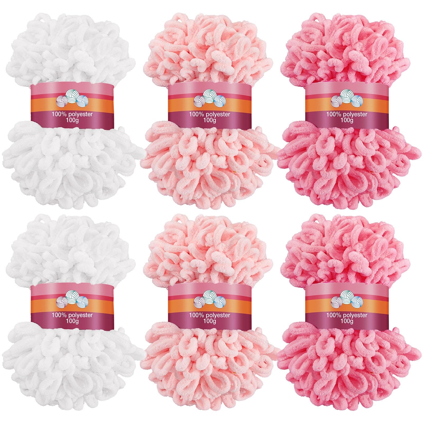 6 Pack Loop Yarns Fun Finger Loops Yarn Loop Yarn Bulk No Need Hook Loop Yarn Chunky Yarn 600 g/ 6 Skeins Soft Yarn for Beginners Knitting No Needles or Hooks (White, Pink, Carmine)