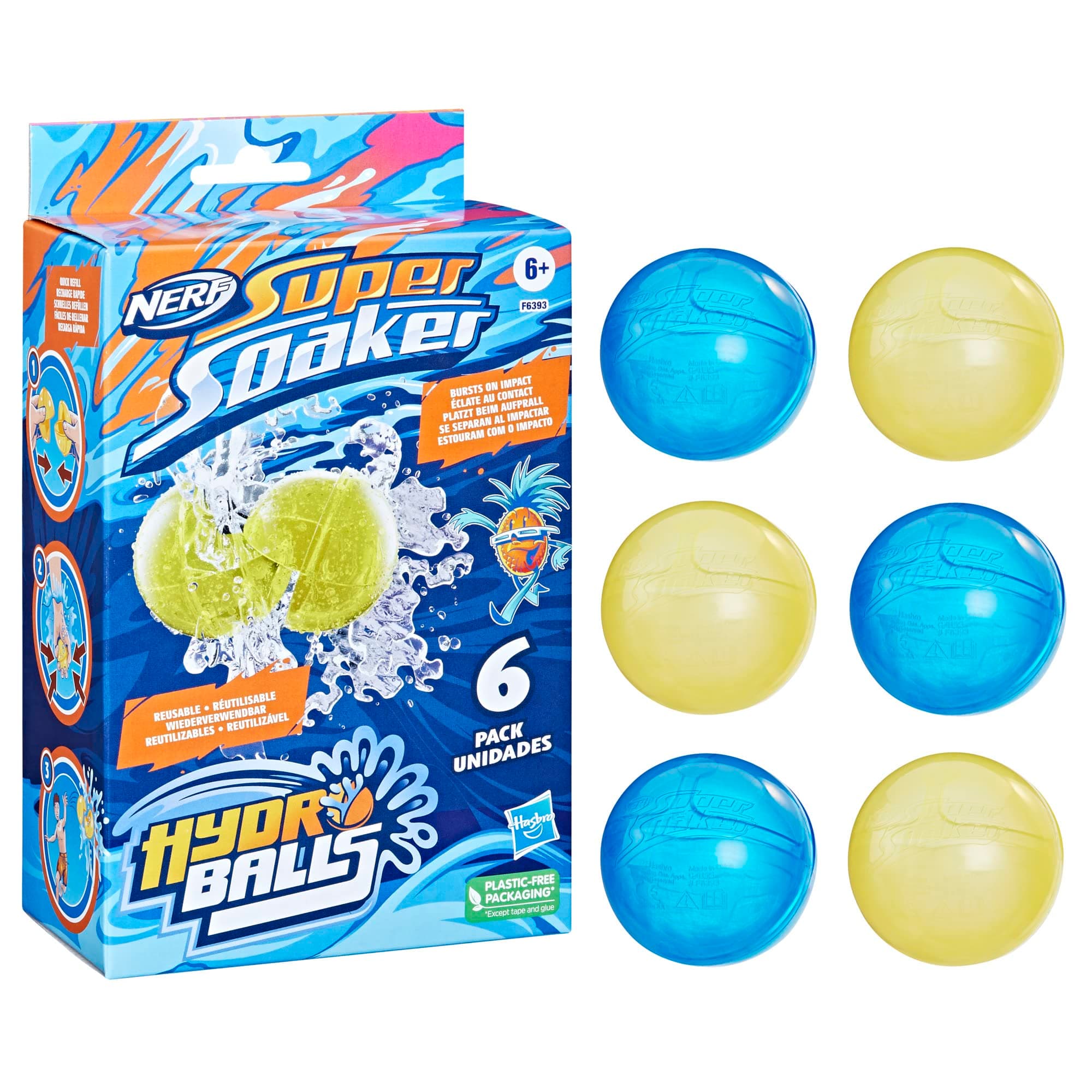 Super Soaker Hydro Balls 6-Pack, Reusable Water-Filled Balls, Ages 6 and Up