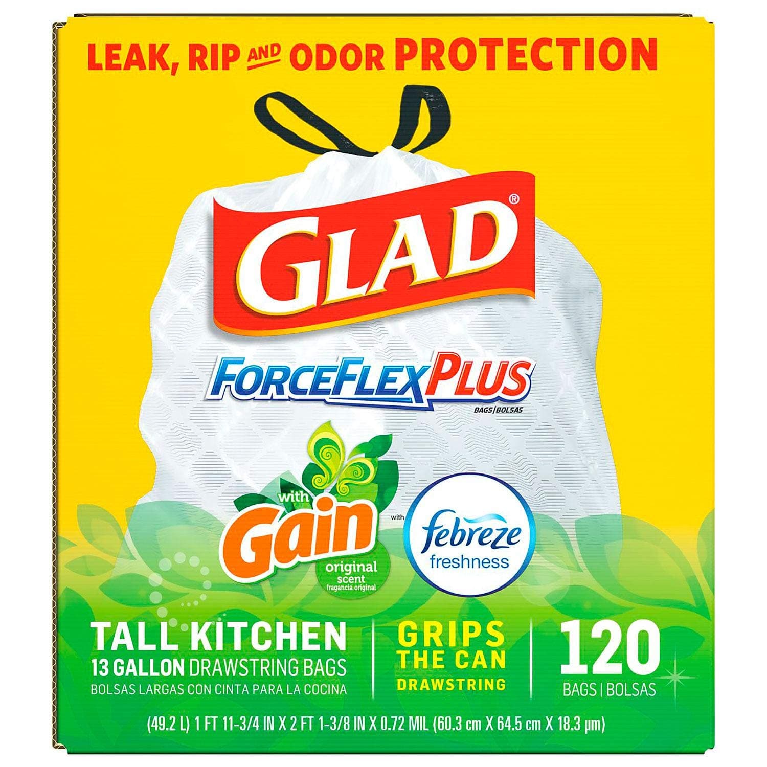 Glad Forceflexplus 13-Gallon Tall Kitchen Drawstring Trash Bags 120 Ct